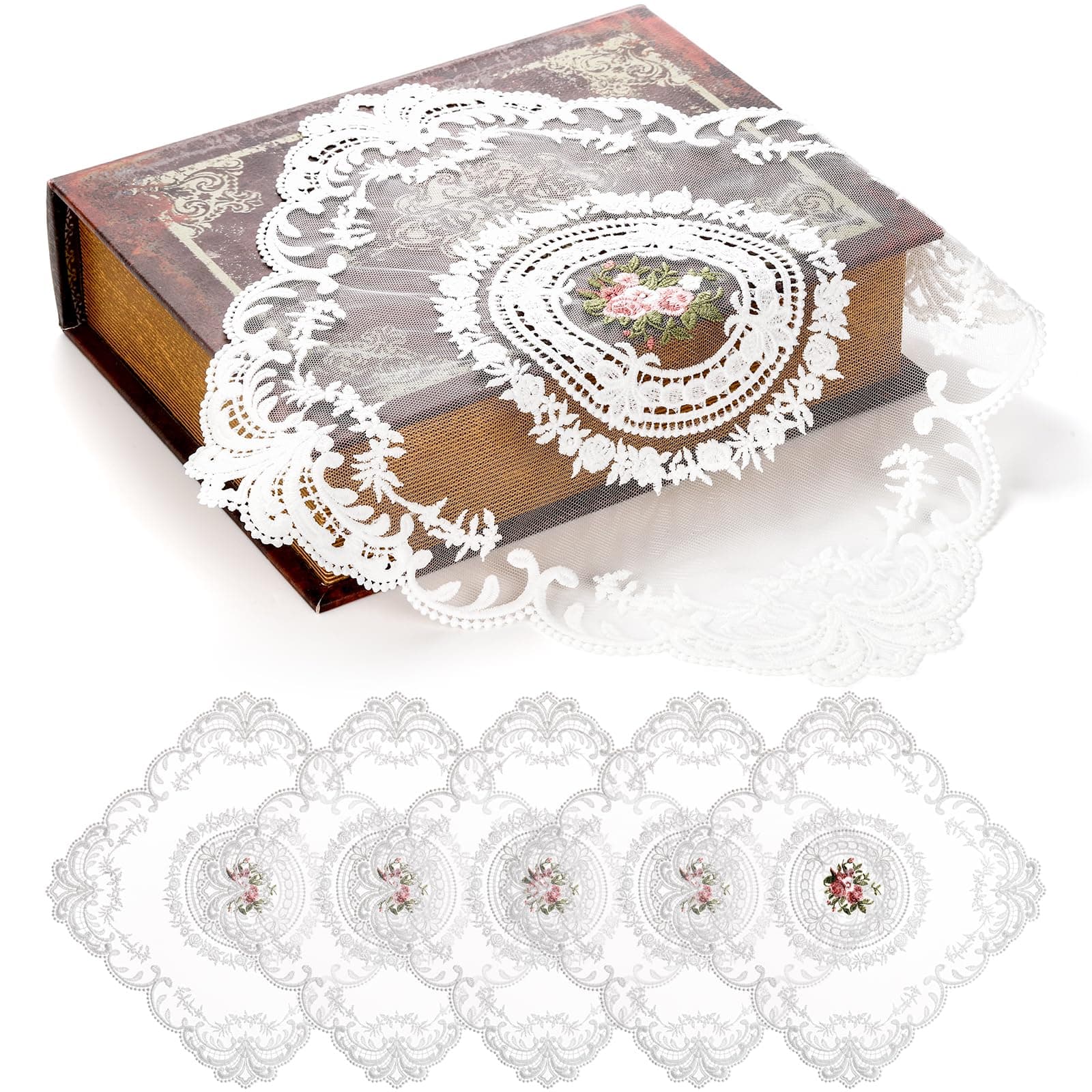 AVLA 6 Pack Lace Placemats, Retro French Style Cup Mat, Embroidered Dinning Table Place Mats, Fashionable Flower Vintage Crochet Lunchmat Doilies, Square Hollow Vase Mat for Home Wedding Decoration