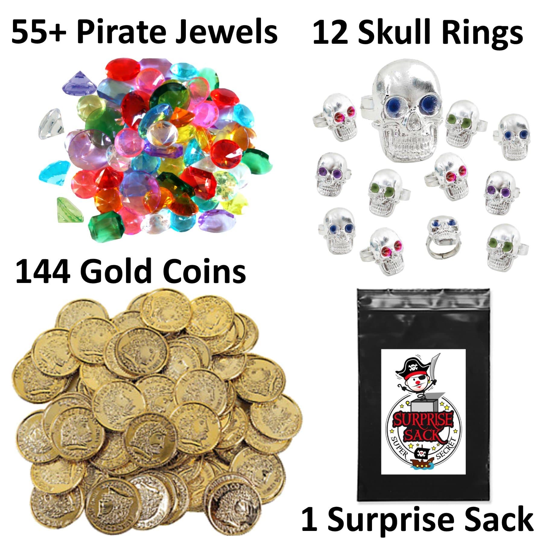 200+ Piece Pirate Treasure Loot Collection featuring Gold Coins, Pirate Gems, Skull Rings, & Super Secret Surprise Sack (Pirate Party Favors and Supplies)