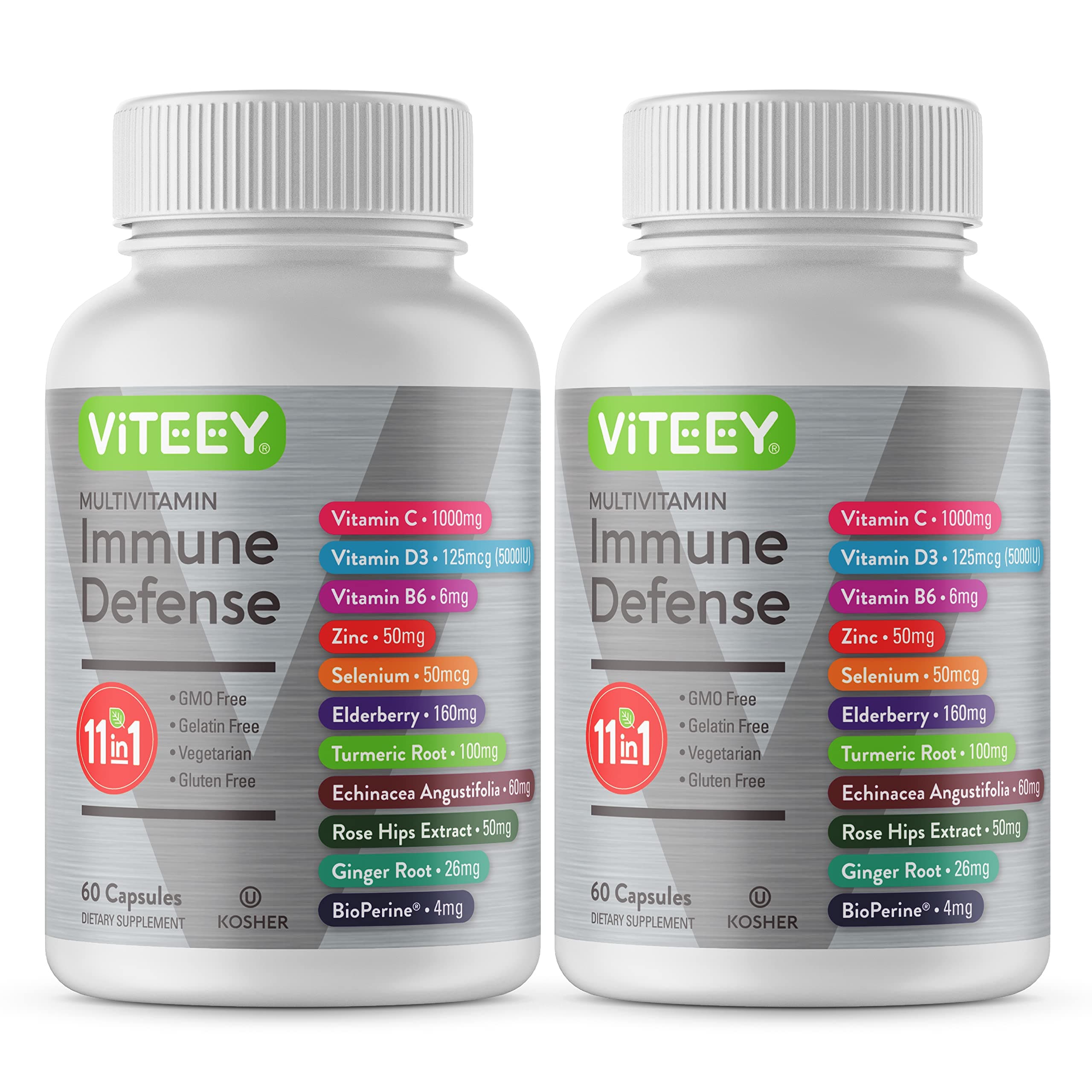 VITEEY 11 in 1 Immune Support Supplement - Immune Defense with Vitamin D3, B6, Echinacea, Turmeric, Rose-HIPS, Selenium, BioPerine, Ginger, Elderberry Vitamin C and Zinc - 120 Count