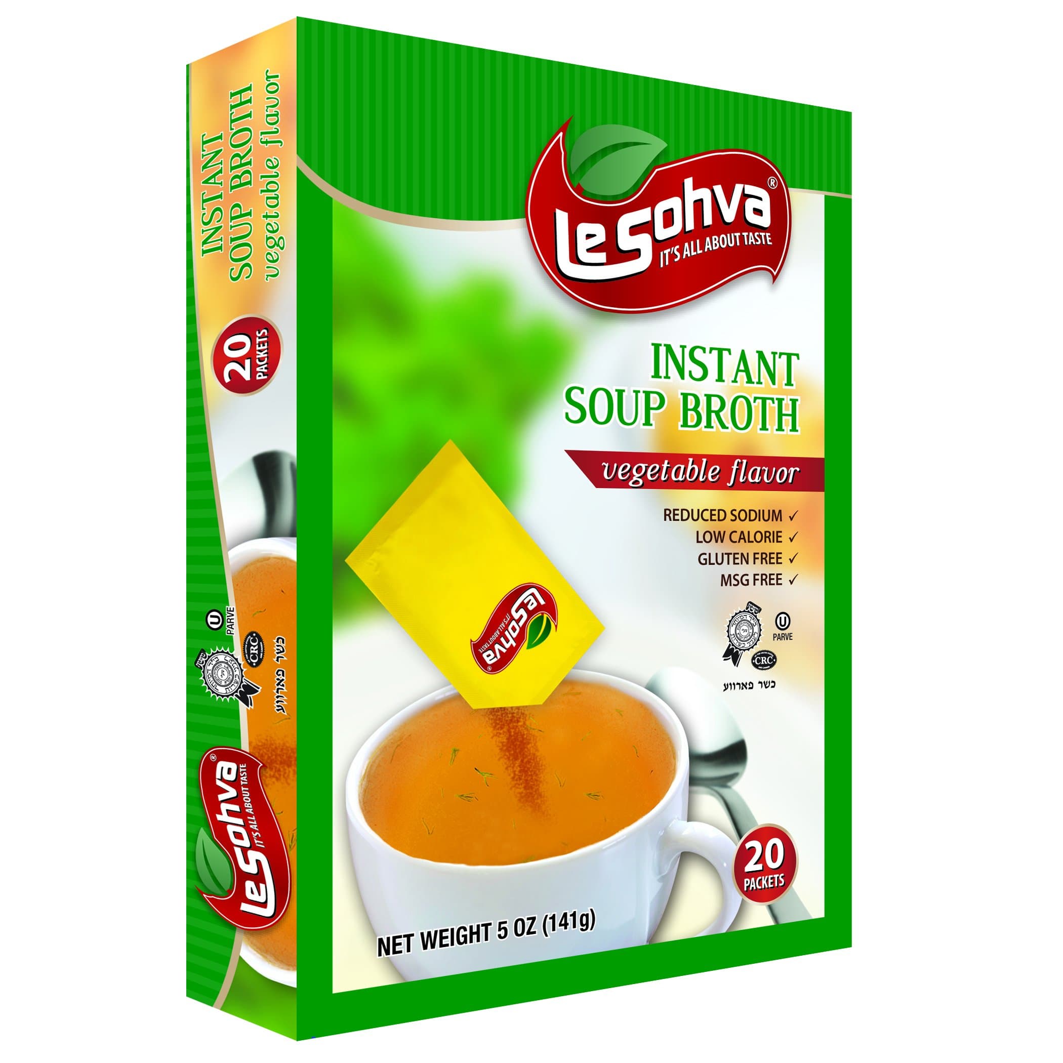 LeSohva Packet Instant Soup Broth Vegetable Flavor, MSG / Gluten Free, 20 Packets / Servings, 5 OZ