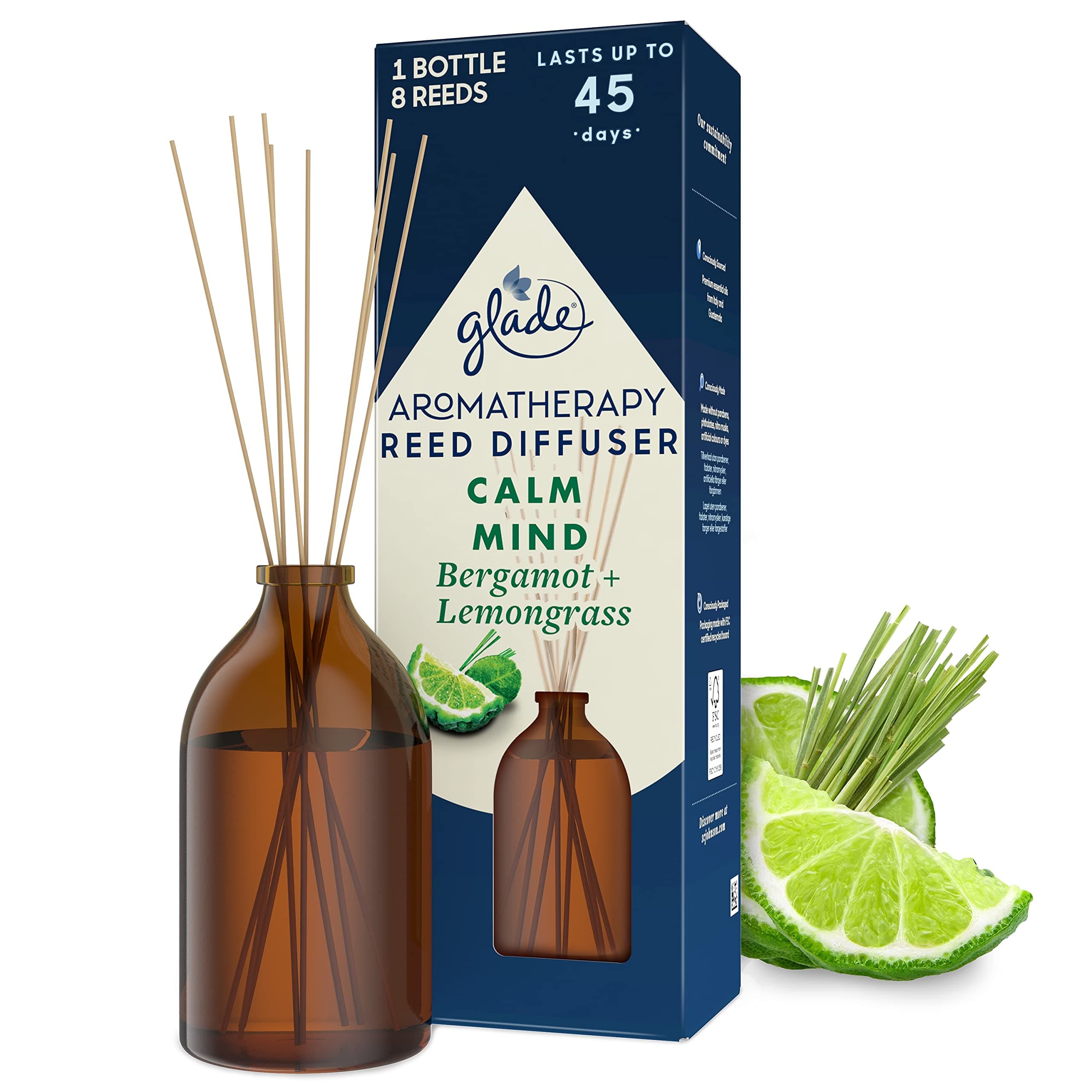 Glade Aromatherapy Reed Diffuser, Home Decor Essential Oils Diffuser Soothing Fragrance, Calm Mind with Italian Bergamot & Guatemalan Lemongrass, 80 ml