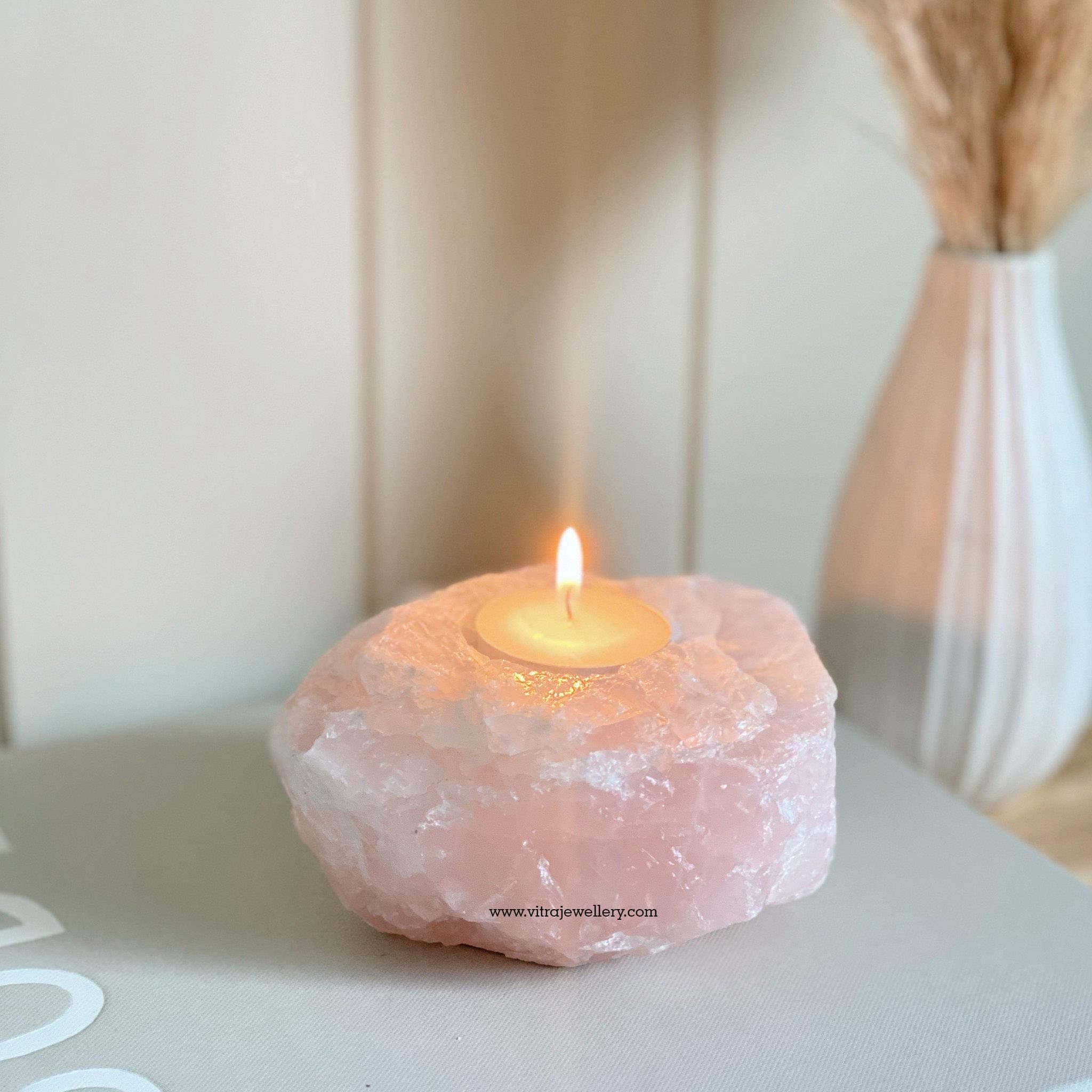 VITRA JEWELLERY Natural Rose Quartz Gemstone Tea Light Candle Holder for Home & Office