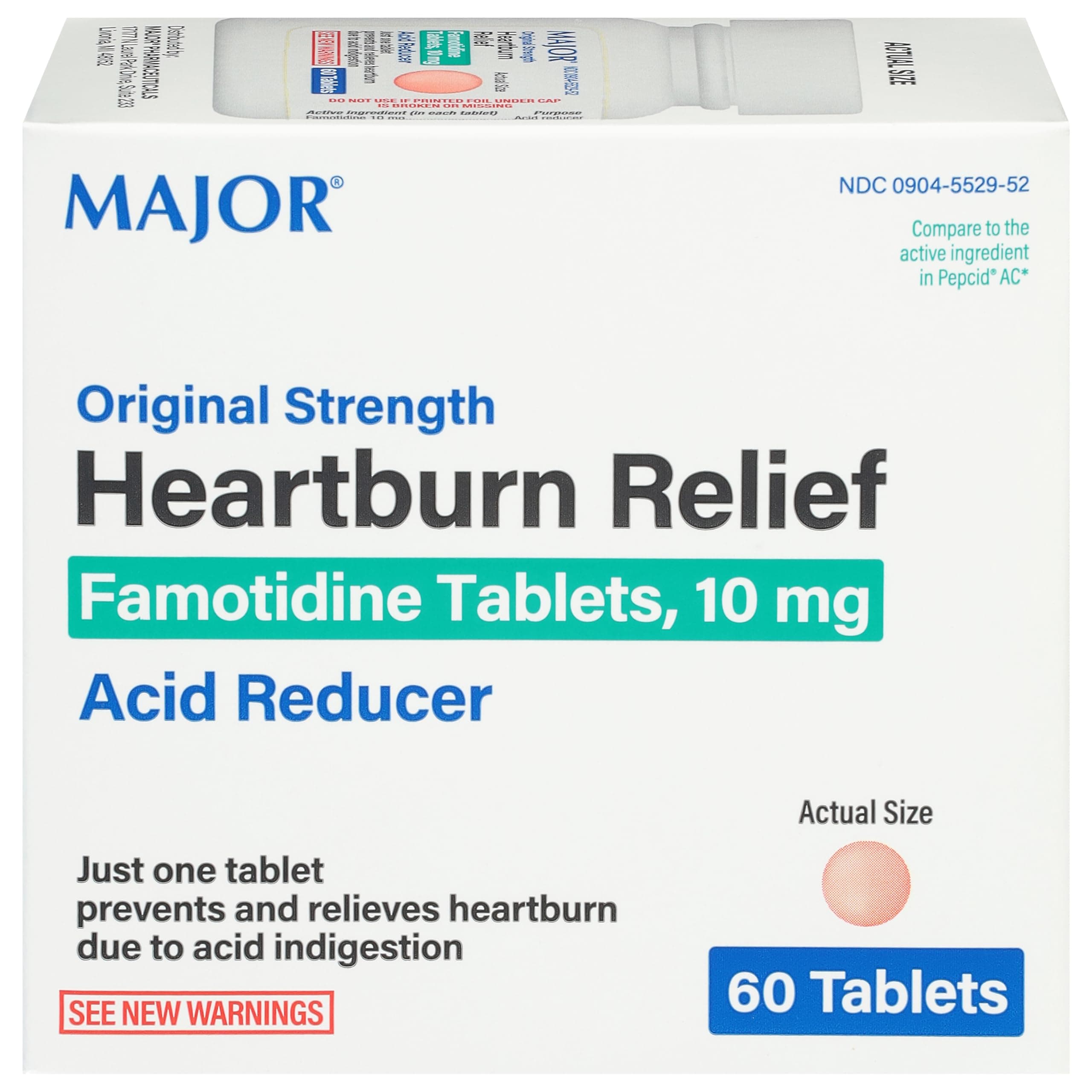 Pharmaceuticals Major Heartburn Relief TABS FAMOTIDINE-10 MG Pink 60 Tablets UPC 309045529522, Count