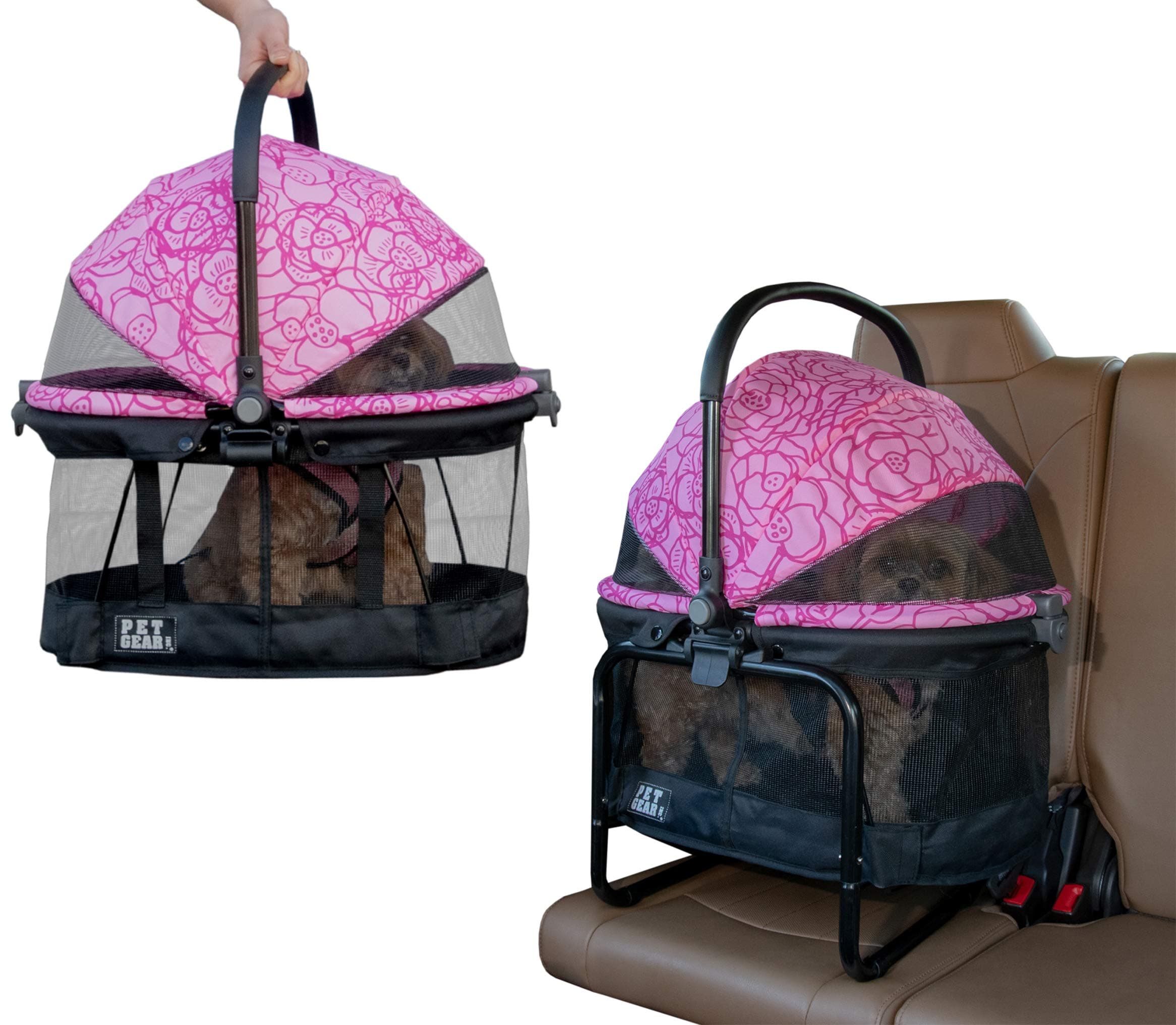 Pet Gear No-Zip View 360 Pet Carrier & Car Seat with Booster Seat Frame for Small Dogs & Cats, Mesh Ventilation, Push Button Entry, No Tools Required, Blossom