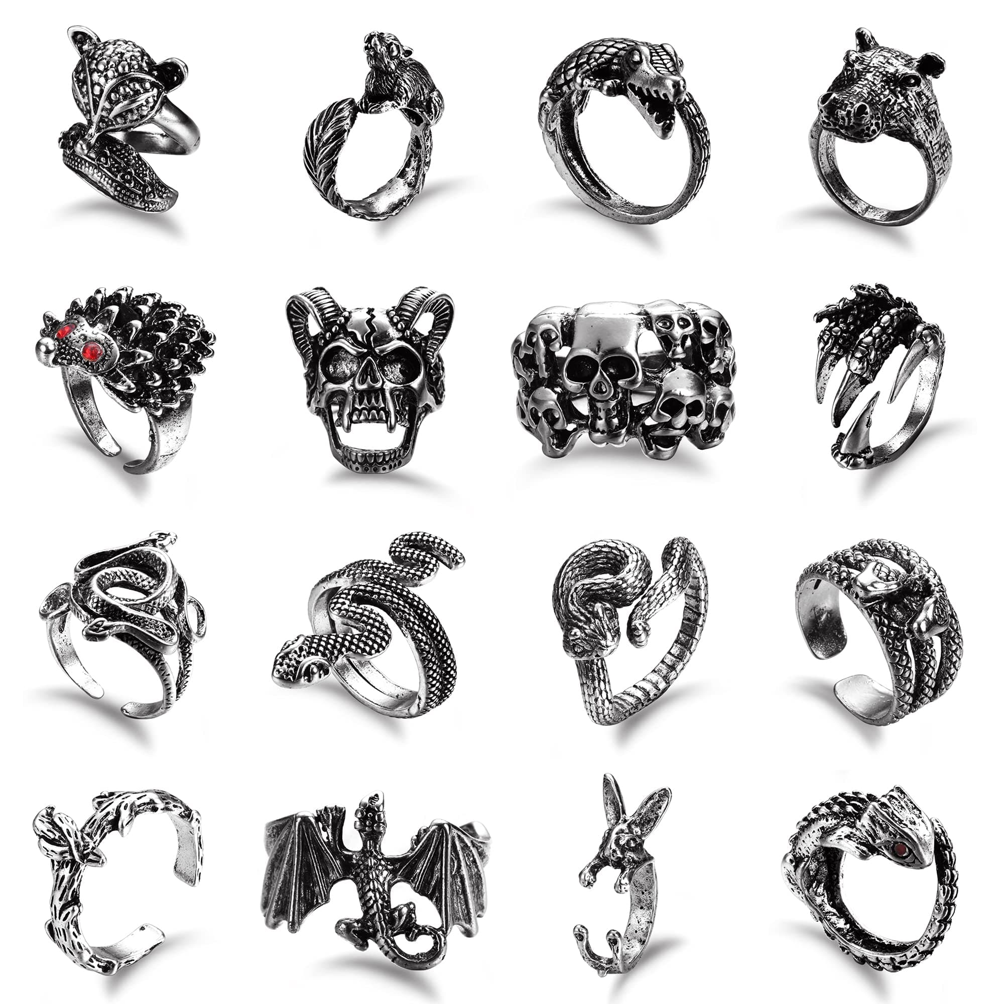 20 Pieces Silver Goth Punk Rings Set for Men Women Frog Snake Butterfly Spider Eye Animal Ring Adjustable Cool Gothic Statement Stacking Rings Y2K Accessories