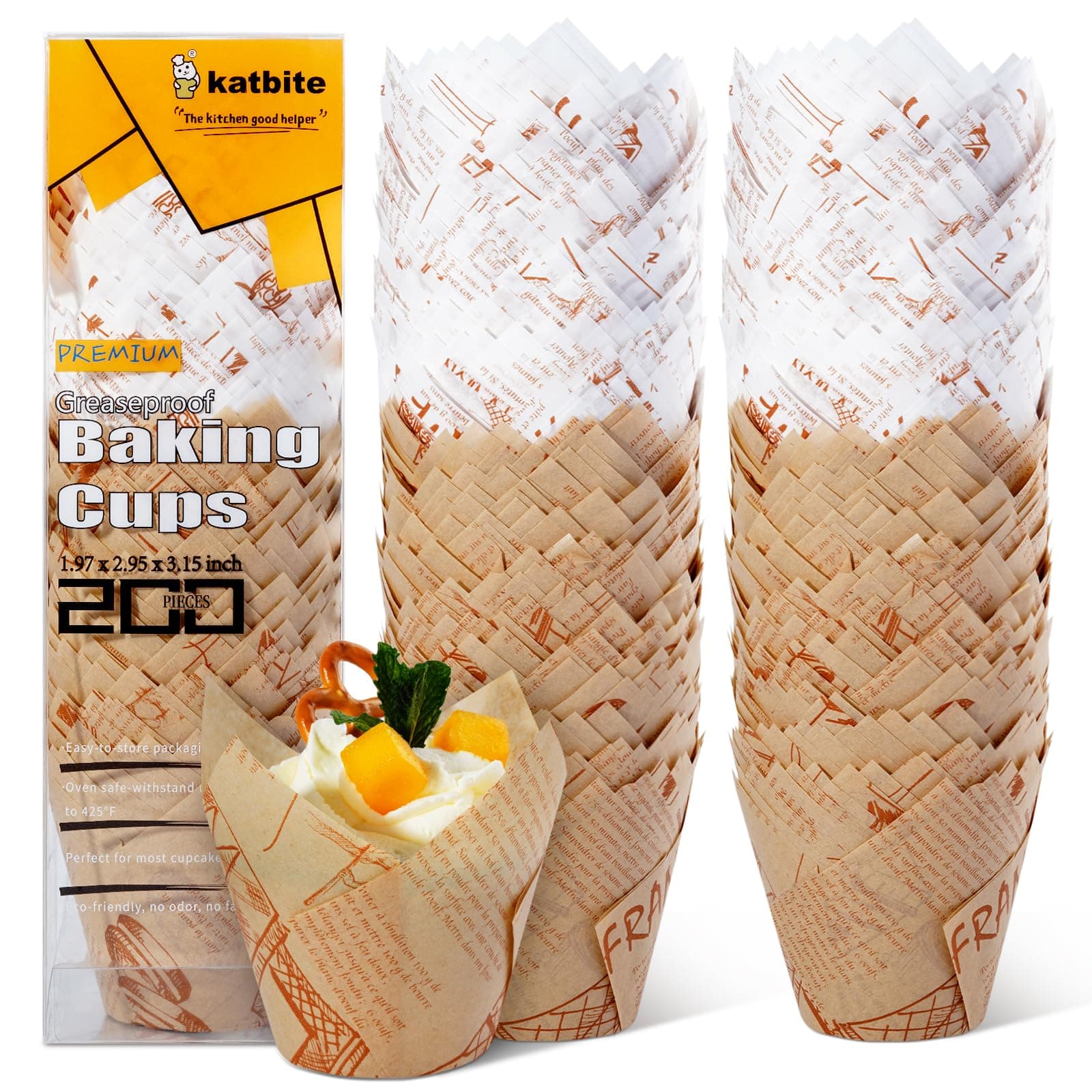 Katbite 200pcs Cupcake Cases, Baking Cupcake Liners, Disposable Baking Cups for Parties and Birthdays, Greaseproof Muffin Cups with Newspaper Pattern