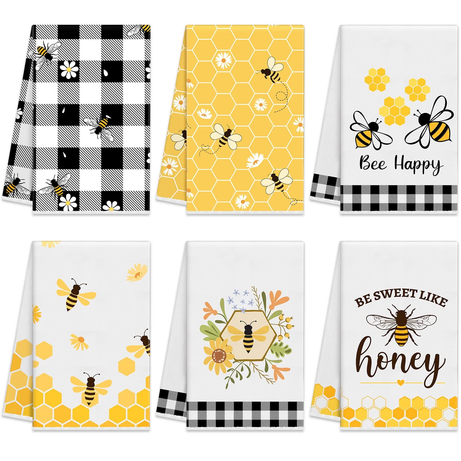 Oudain 6 Pcs Bee Kitchen Towels Honey Bee Kitchen Decor 15.8 x 23.6 Inches Dish Hand Tea Towels for Bathroom Home Housewarming Gifts