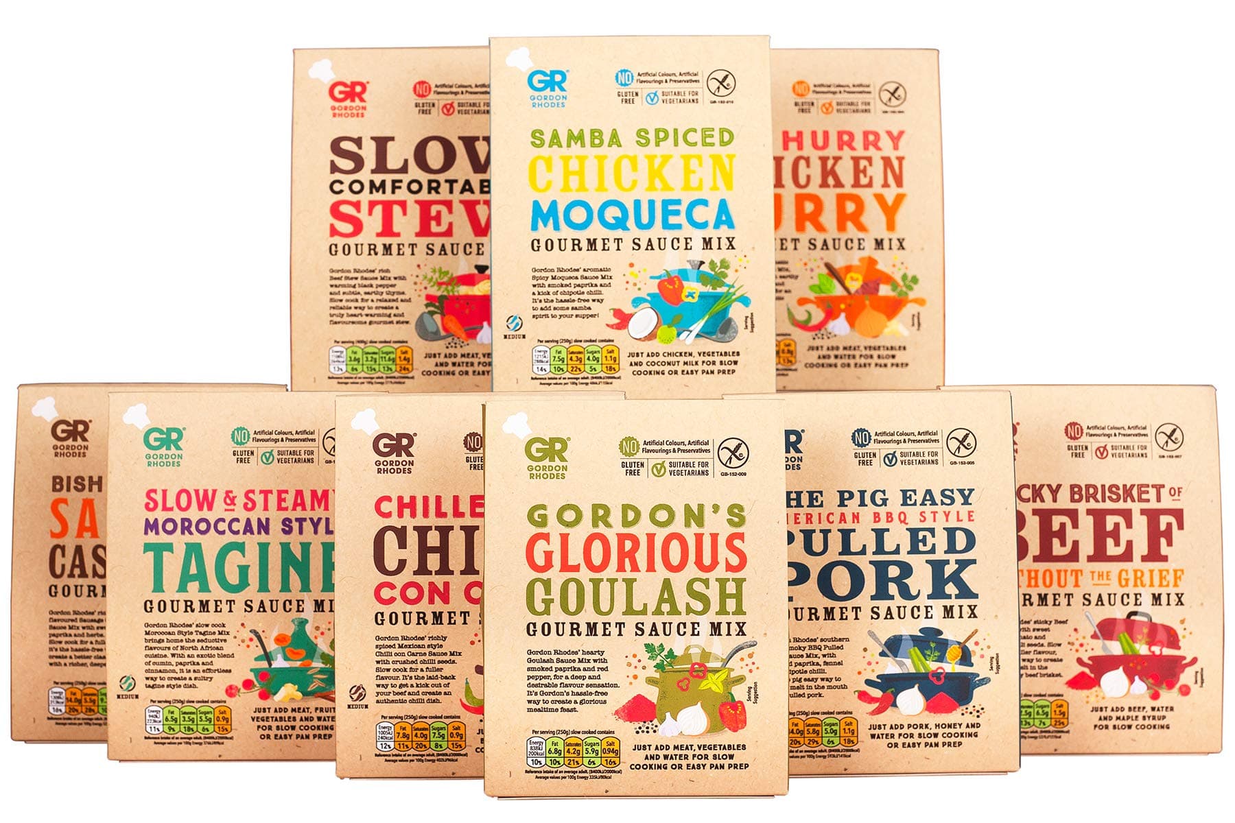 Gordon Rhodes' Divine 9. Can’t Decide which of Our Delicious Gourmet Cooking sauces to Try? Why not Treat Yourself to Our Devine 9, All are Gluten Free and Suitable for Vegetarians . (9 x 75gm)