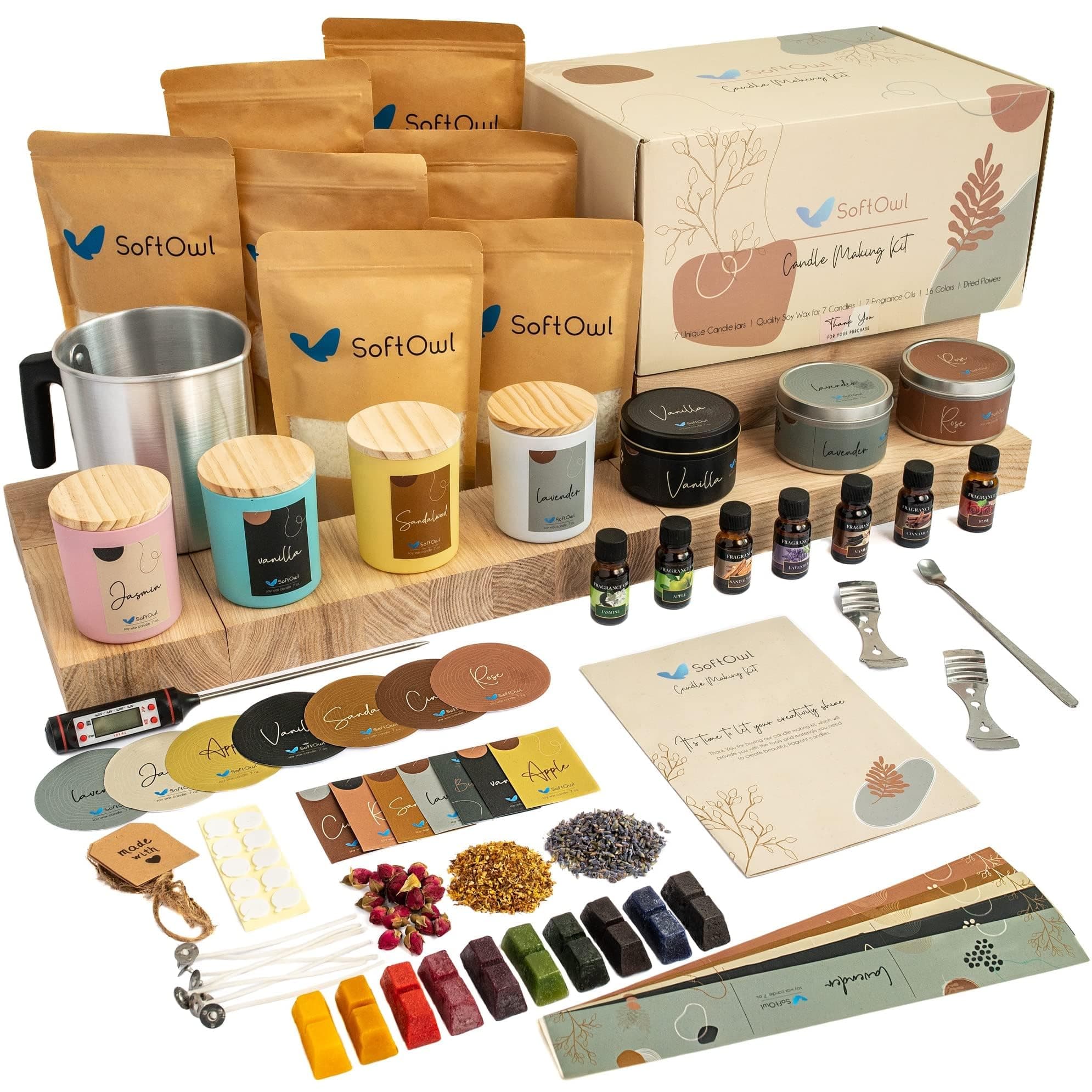 Softowl Candle Making Kit - Easy Colored Candle Kit Include Soy Wax, Rich Scents, Dyes, Wicks, Jars, Tins & More