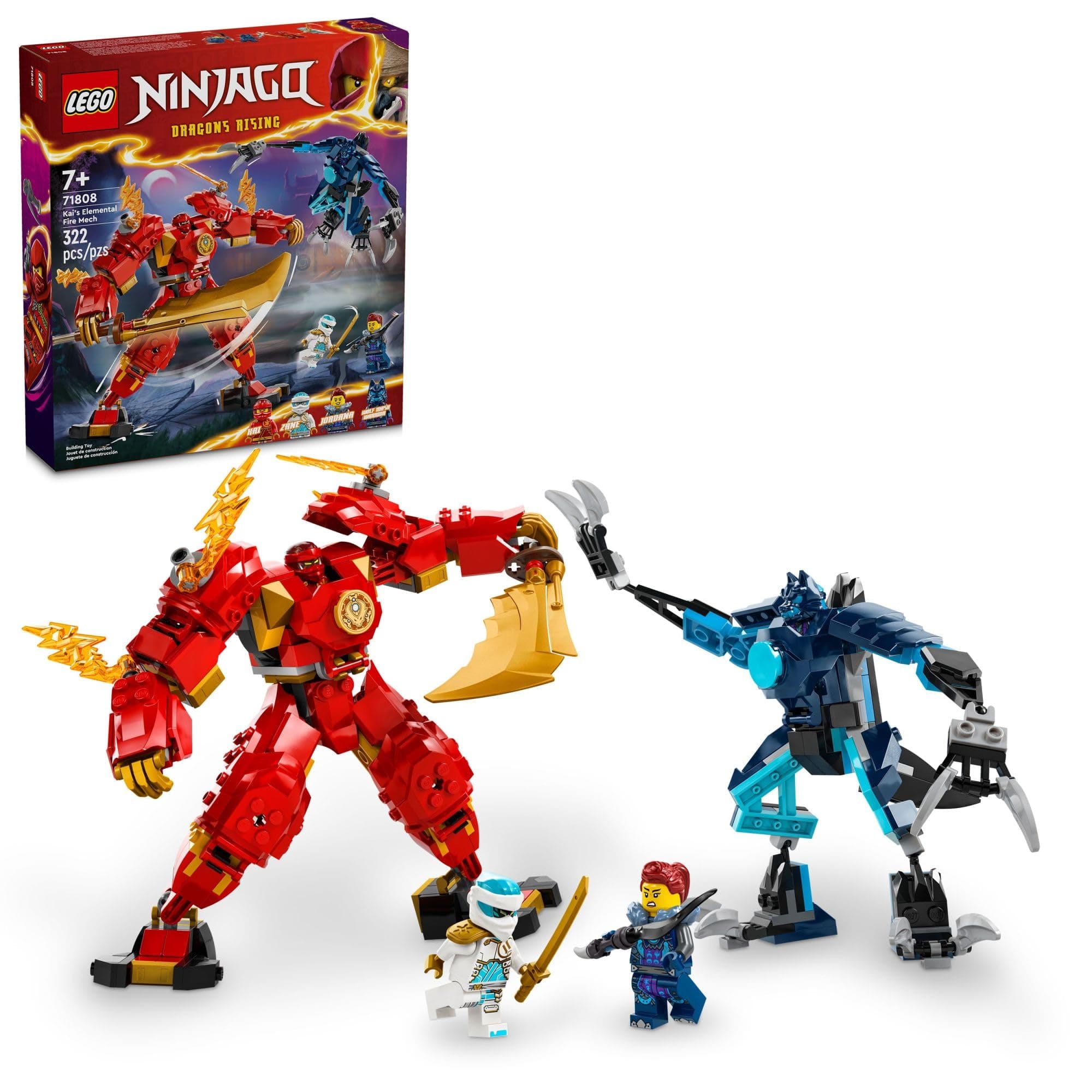 LEGO NINJAGO Kai’s Elemental Fire Mech Action Figure, Mini Ninja Toy for Kids with Customizable Red Ninja Figure plus Kai and Zane Minifigures, Adventure Set for Boys and Girls Ages 7 and Up, 71808