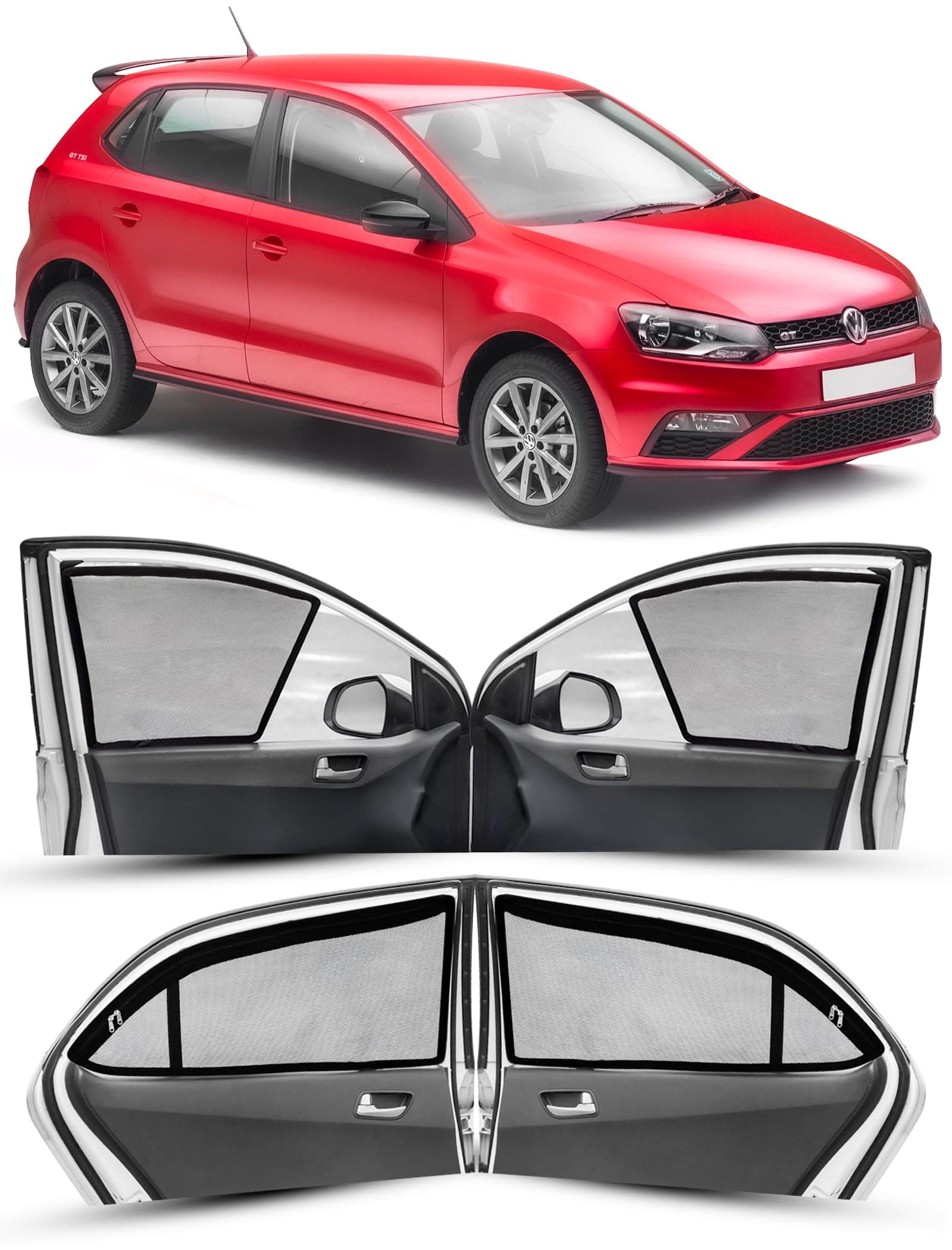 Autofact Magnetic Car Sunshades Compatible with Volkswagen Polo (Set of 4) – Easy Installation, UV Protection, Keeps Car Cool (Front 2 Half-Cut for Side Mirror Visibility, Rear 2 with Zippers)
