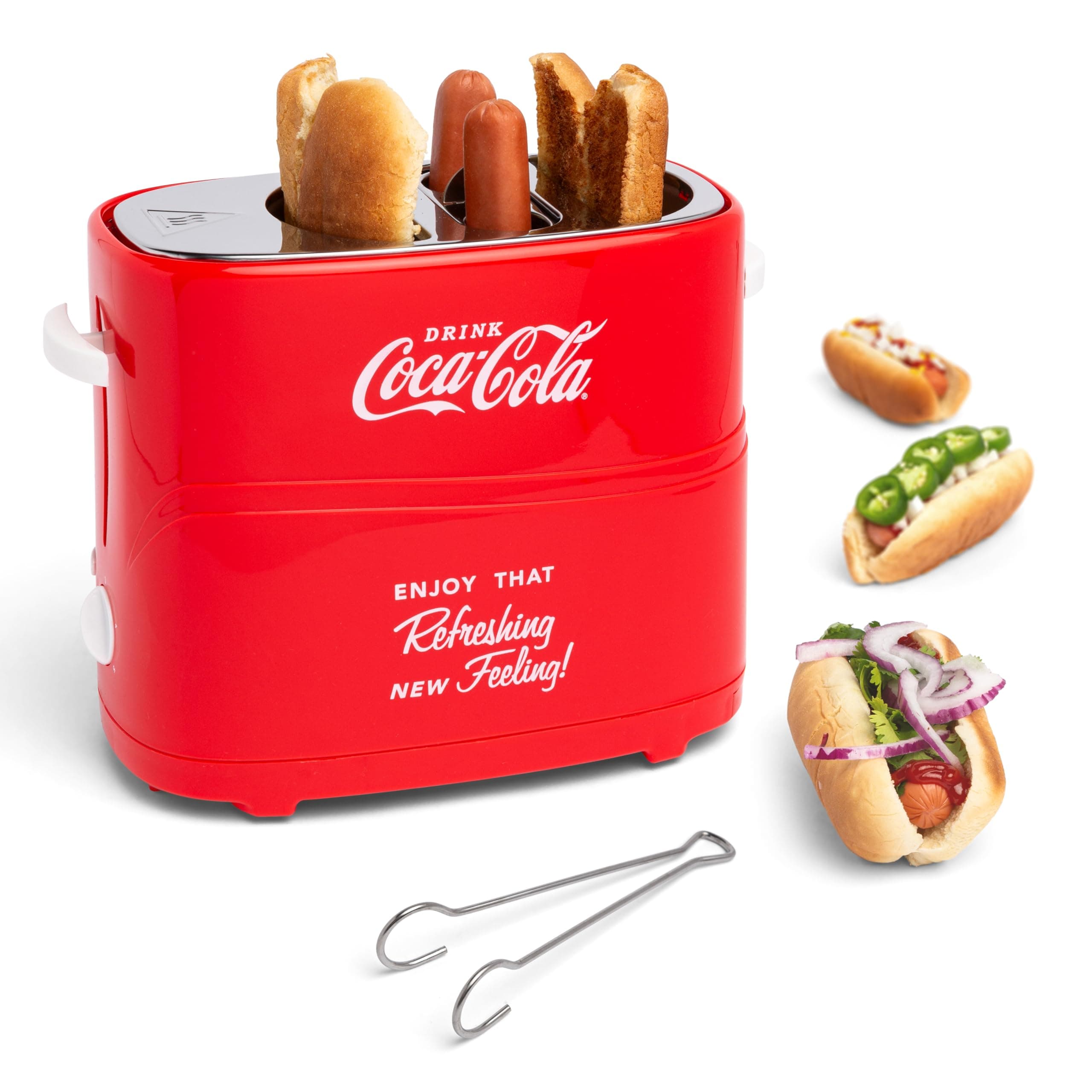 Coca-Cola Hot Dog Toaster - 2 Slot Bun Mini Tongs - Works with Chicken, Turkey, Veggie Links, Sausages and Brats - Coke Red