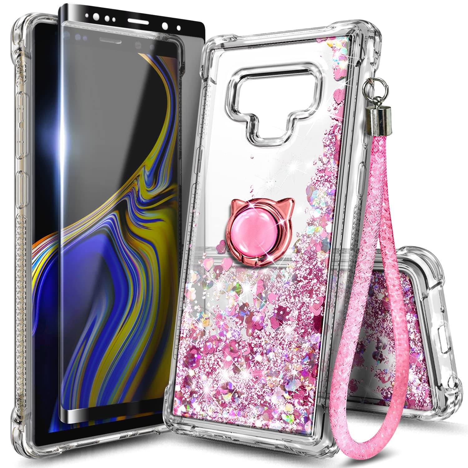 NGB Case for Samsung Galaxy Note 9 with Screen Protector (Maximum Coverage, Flexible TPU), Ring Holder, Girls Women Liquid Bling Sparkle Floating Glitter Clear Cute Case (Rose Gold)