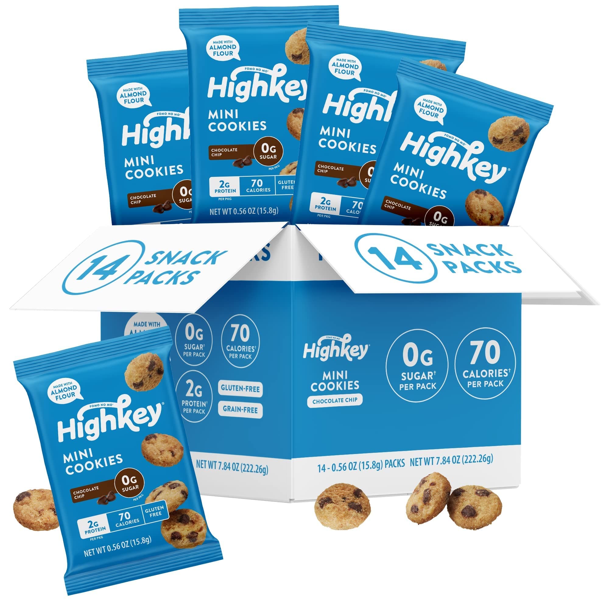 Highkey Sugar Free Cookies Chocolate Chip - Keto Snack Box Gluten Free Cookies Low Carb Cookies Diabetic Desserts Low Carb Snacks Keto Food Gluten Free Snacks Healthy Snacks Individually Wrapped 14 Snack Packs