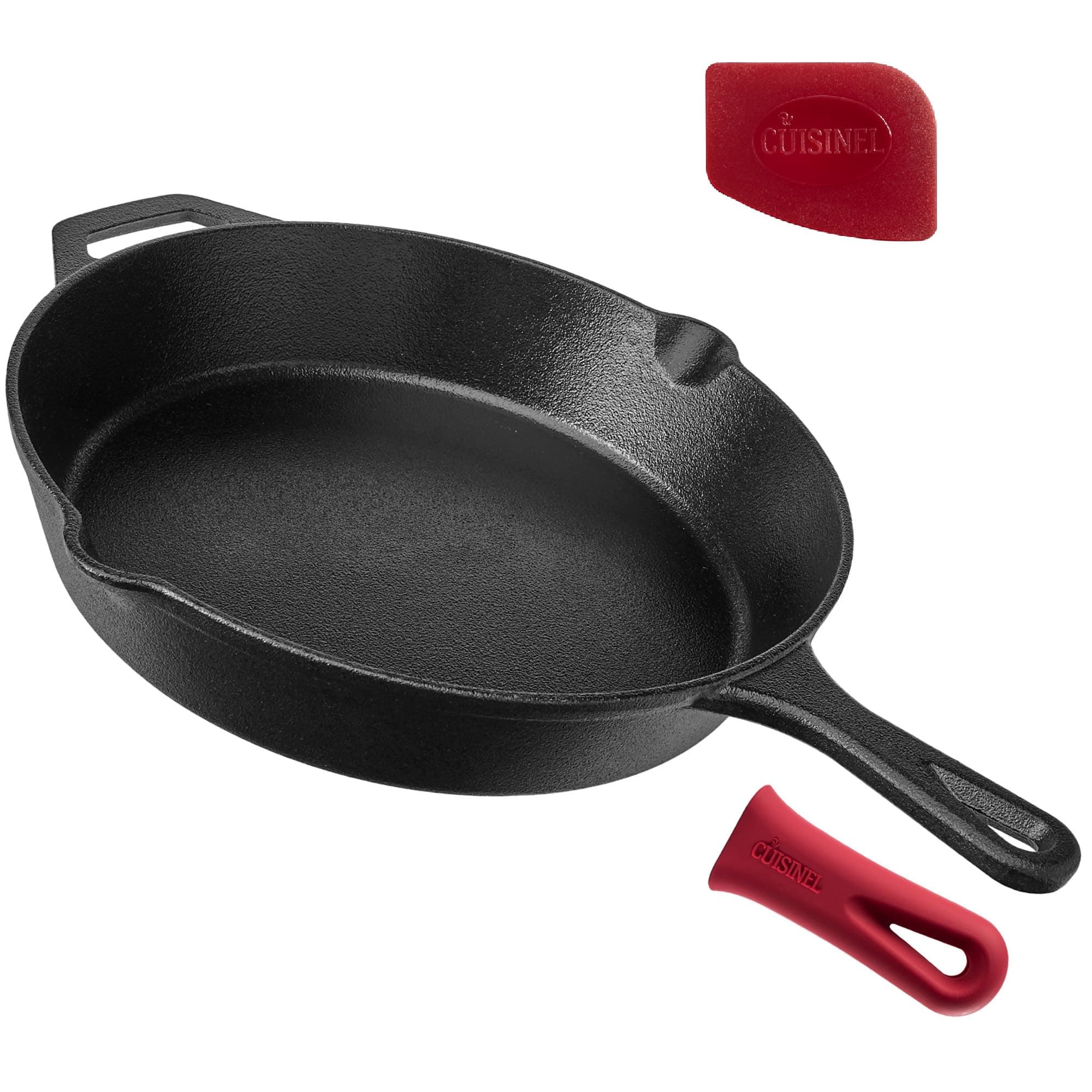 Cuisinel Cast Iron Skillet - 12"-Inch Frying Pan with Assist Handle + Red Silicone Grip Cover - Pre-Seasoned Oven Safe Cookware - Indoor/Outdoor Use - Grill, Stovetop, Induction, BBQ and Firepit Safe