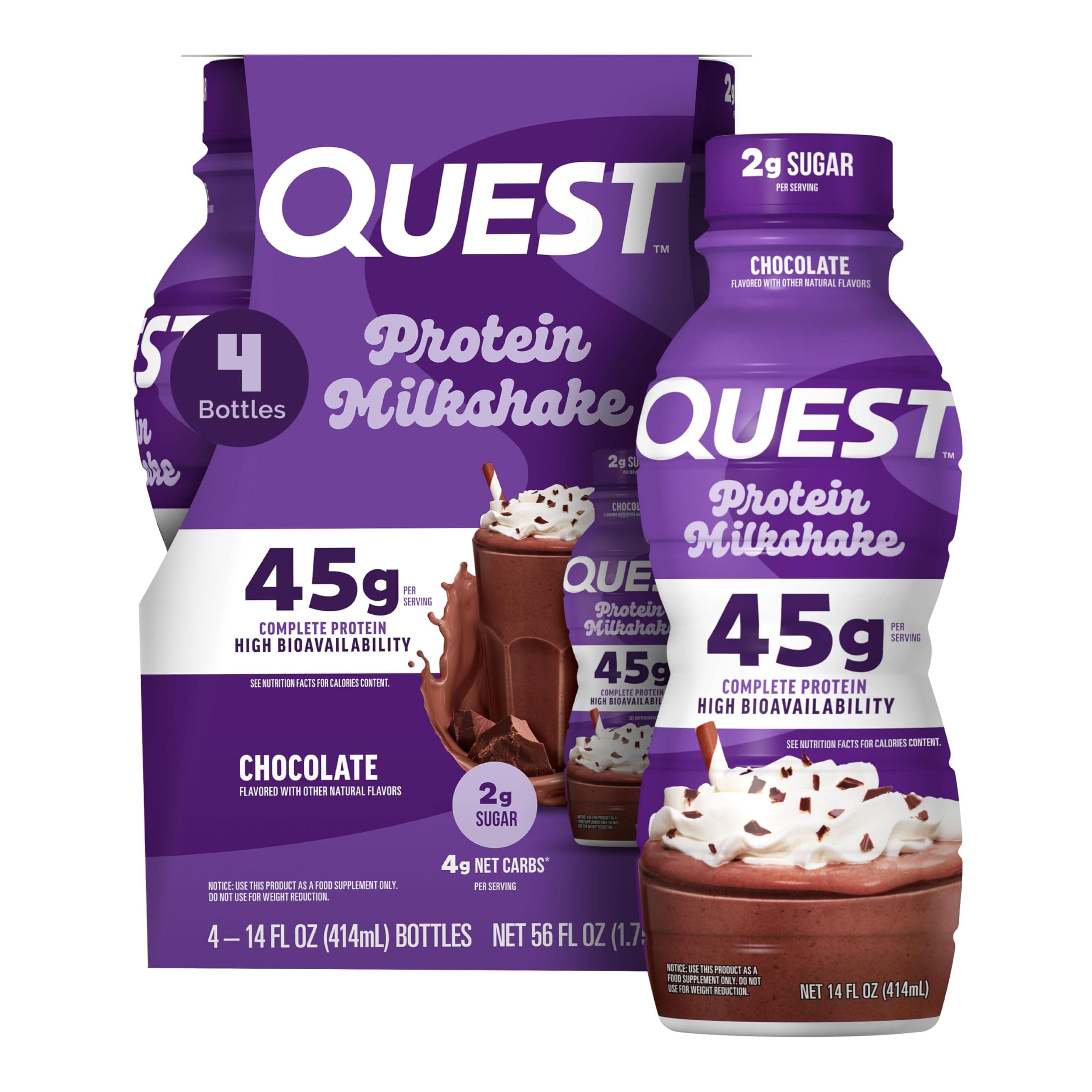 Quest Nutrition Chocolate Protein Shake, 45g Protein, 2g Sugar, 4g Net Carbs, Ready to Drink, Gluten Free, 4 Count