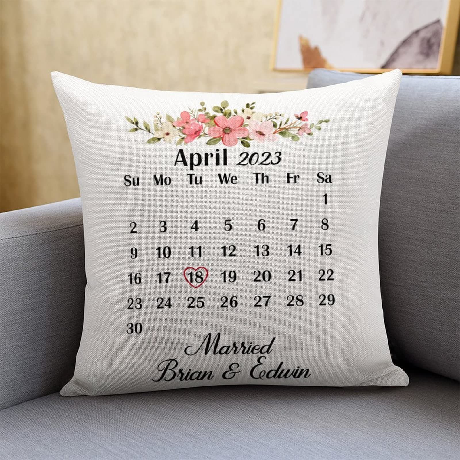 Personalised Married Couple Calendar The Big Day Gift Outdoor Throw Pillows 18"x18" Our First Christmas Married Date Calendar Cushion Covers Square Pillow Covers Linen Cushion Case
