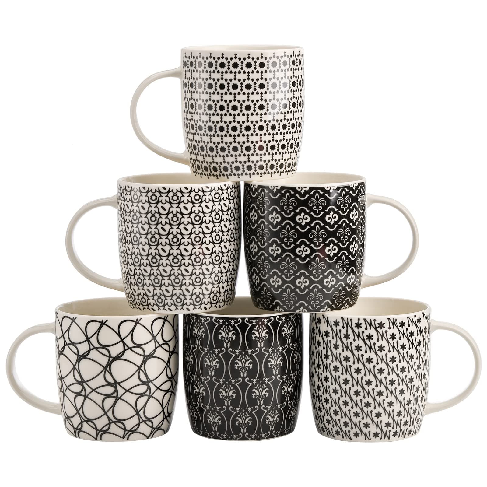 6 Pack 11.5 Oz Coffee Mugs Geometric Textured, Ceramic Coffee Mugs Stylish Tea Cup Mugs Set Gift for Latte, Cappuccino, Milk, Water, Cocoa, Cereal, Black and White