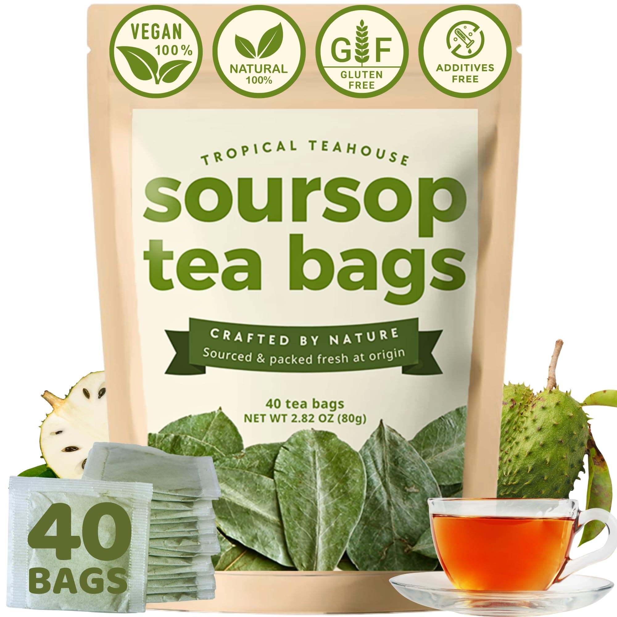 Tropical Teahouse 40 PREMIUM Soursop Leaves Tea Bags - 2.82oz - Natural & Pure, Gluten Free, Caffeine Free, Sugar-Free, Eco-conscious Packaging with Bamboo Tea Tong