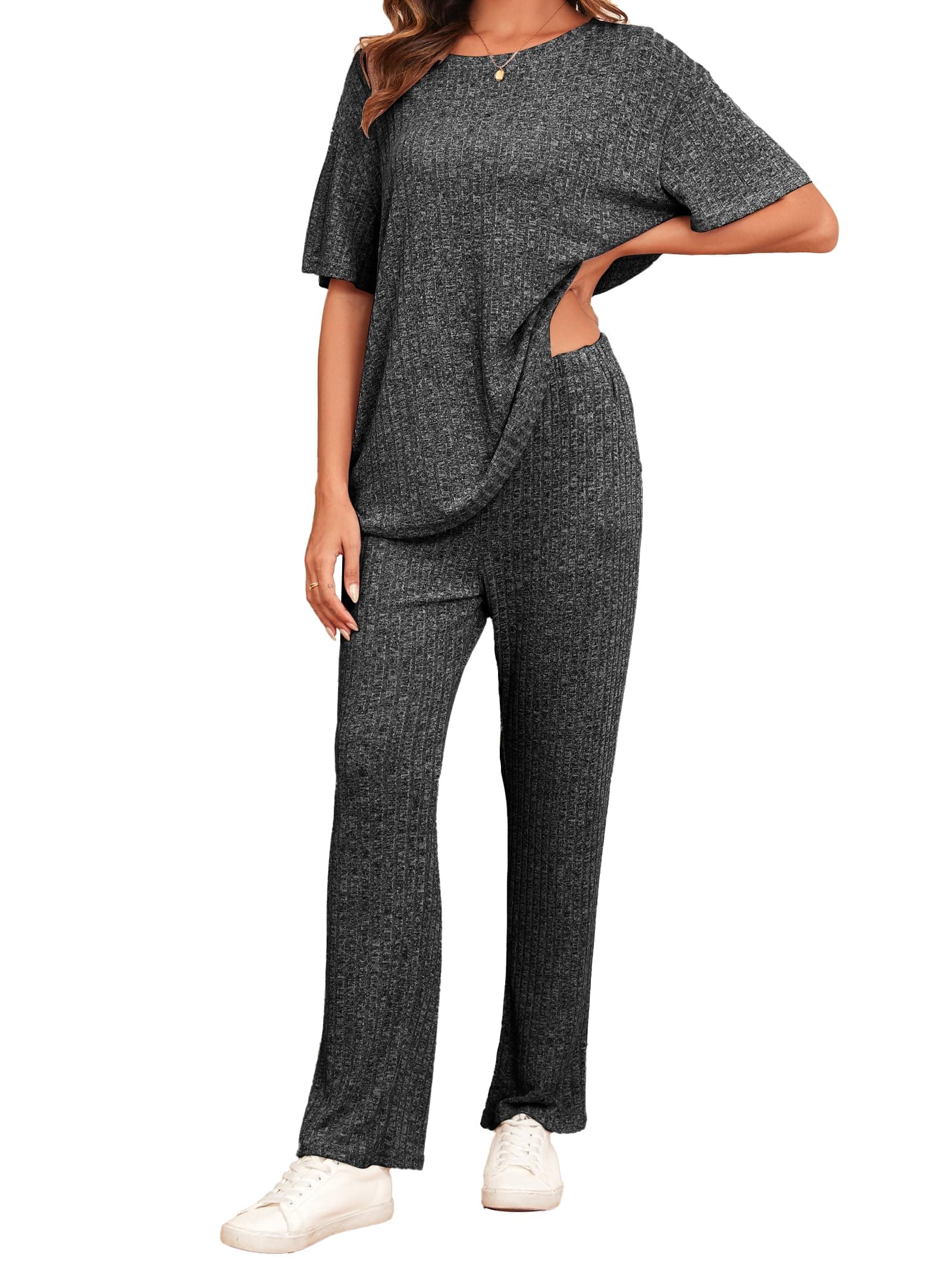 – Ribbed Clothes Sets for Women Oversized Short Sleeve Tops and Wide Leg Trousers with Pockets, 2 Piece Outfits Tracksuits Loungewear Sleepwear