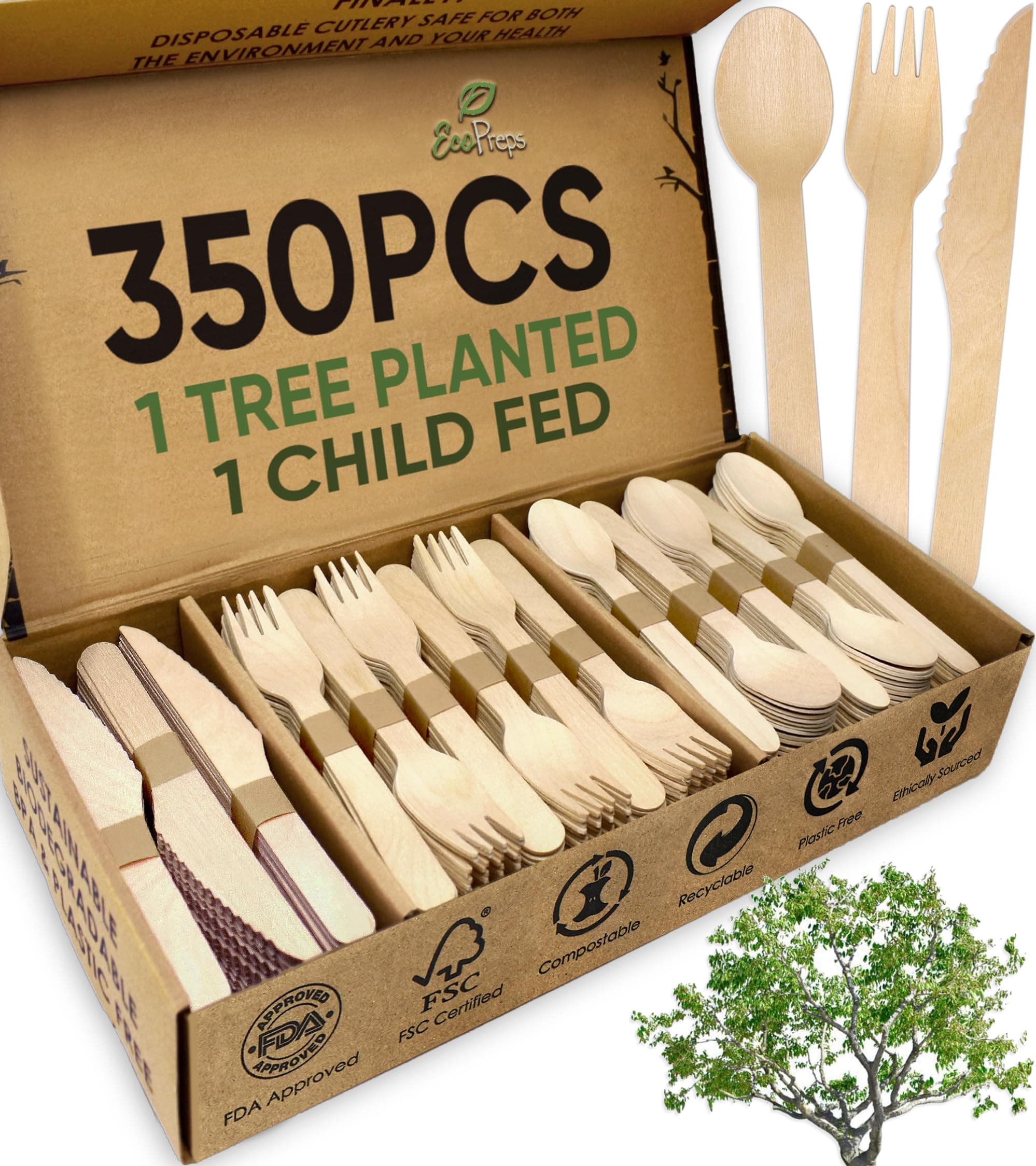 EcoPreps100% Compostable Wooden Cutlery Set (350 PCS - 150 Forks, 125 Spoons, 75 Knives) Eco-Friendly, Natural, Biodegradable Disposable Utensils Set, Wood Forks, Knives, Spoons Set (Set of 350)