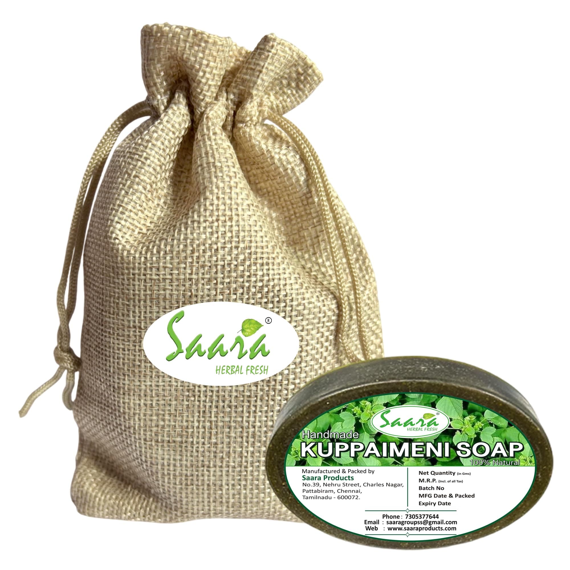 Handmade Herbal Kuppaimeni Soap 90g (Pack of 1) For Detoxifies skin, clears acne/pimple problems, Pure Coconut Oil (Pack of 1)