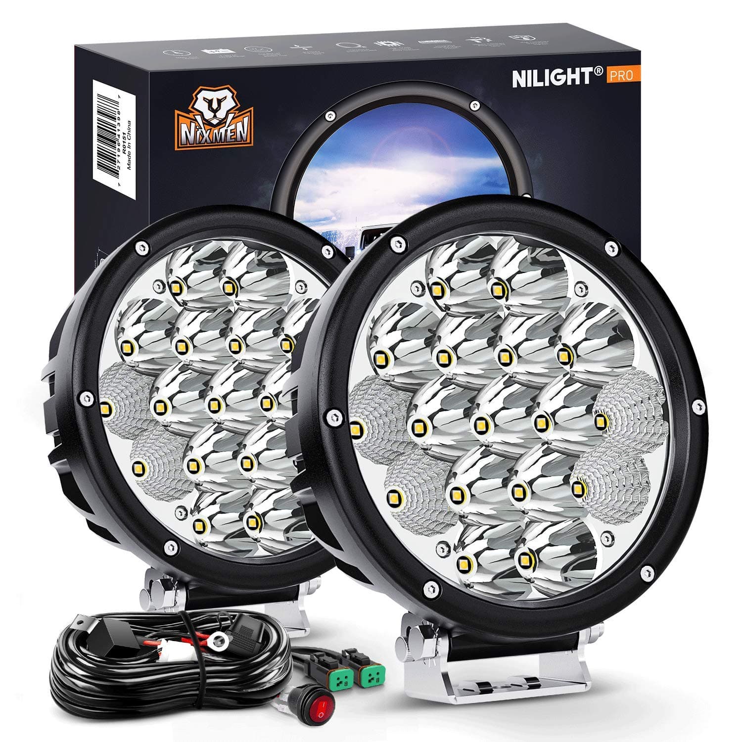 2PCS 7Inch 85W LED Driving Light 10200LM IP68 Spot Flood Combo Round Built-in EMC Offroad Lights with 14AWG DT Connector Wiring Harness Kit for Truck ATV UTV SUV