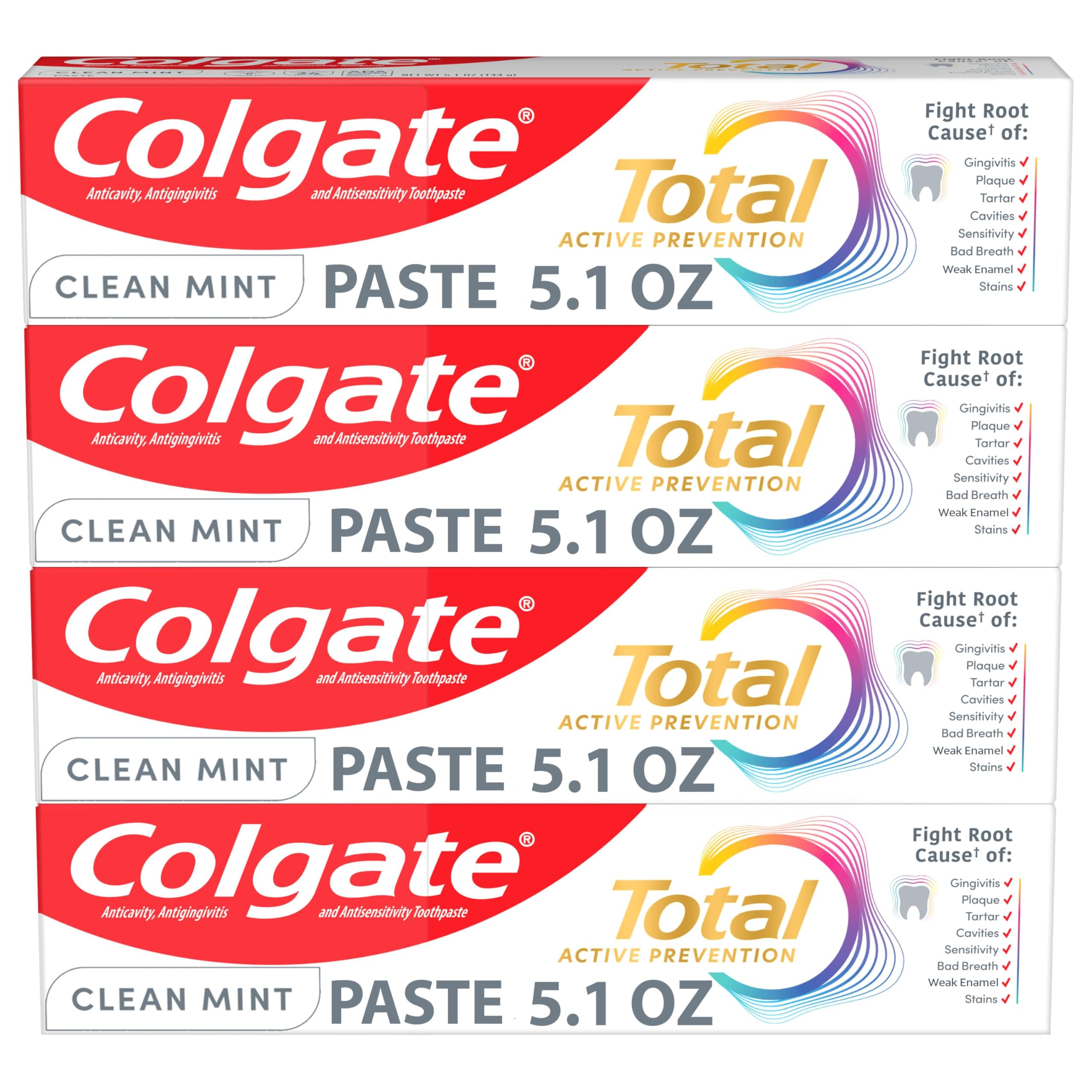 Colgate Total Active Prevention Clean Mint Toothpaste, Anticavity Fluoride Toothpaste, Clinically Proven Formula That Fights Plaque Bacteria, Mint, 4 Pack, 5.1 oz