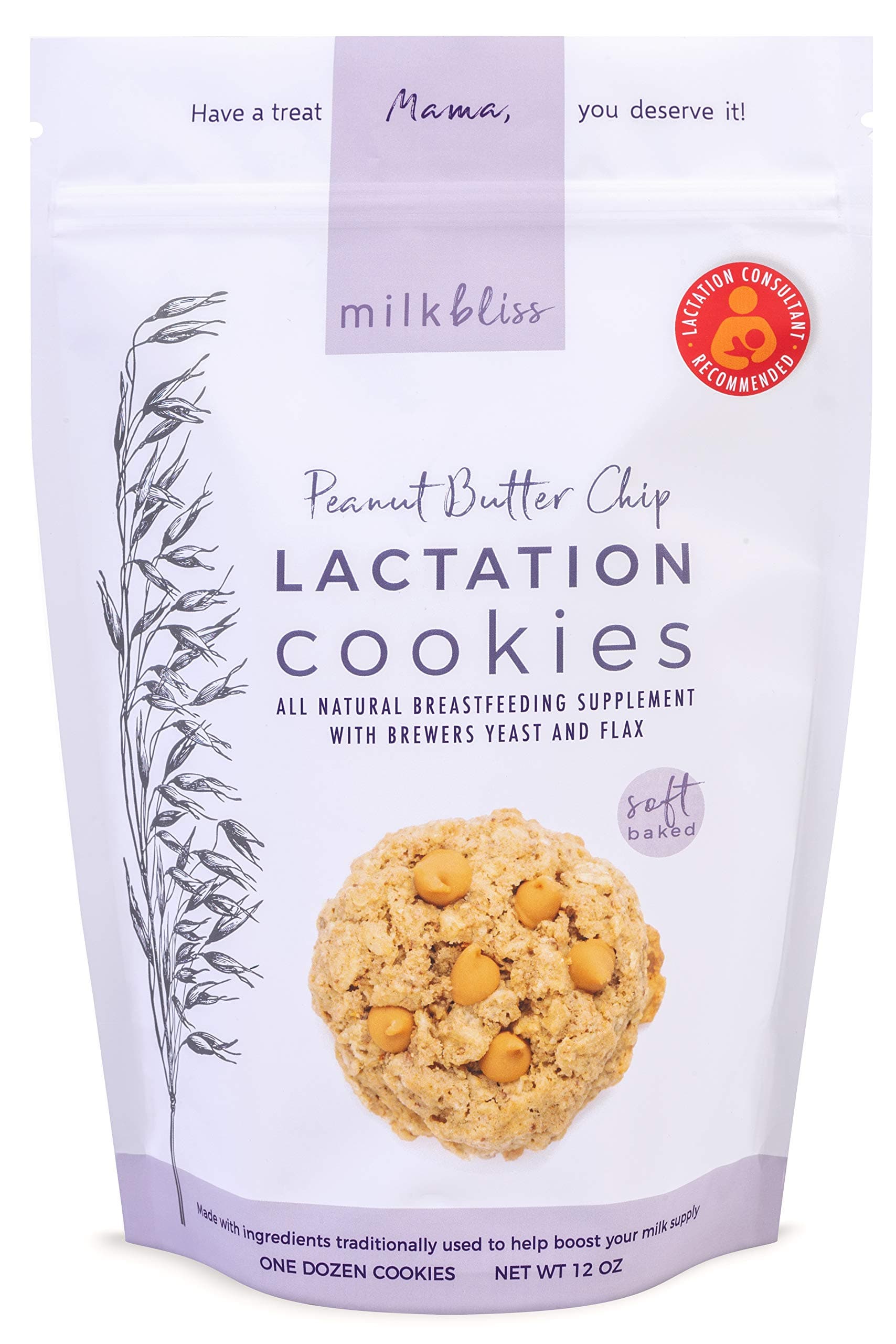 MilkBliss Peanut Butter Chip Soft Baked Lactation Cookies for Breastfeeding, All Natural and GMO Free Lactation Boosting Ingredients! Oats, Flaxseed, Brewers Yeast. 12 Count.