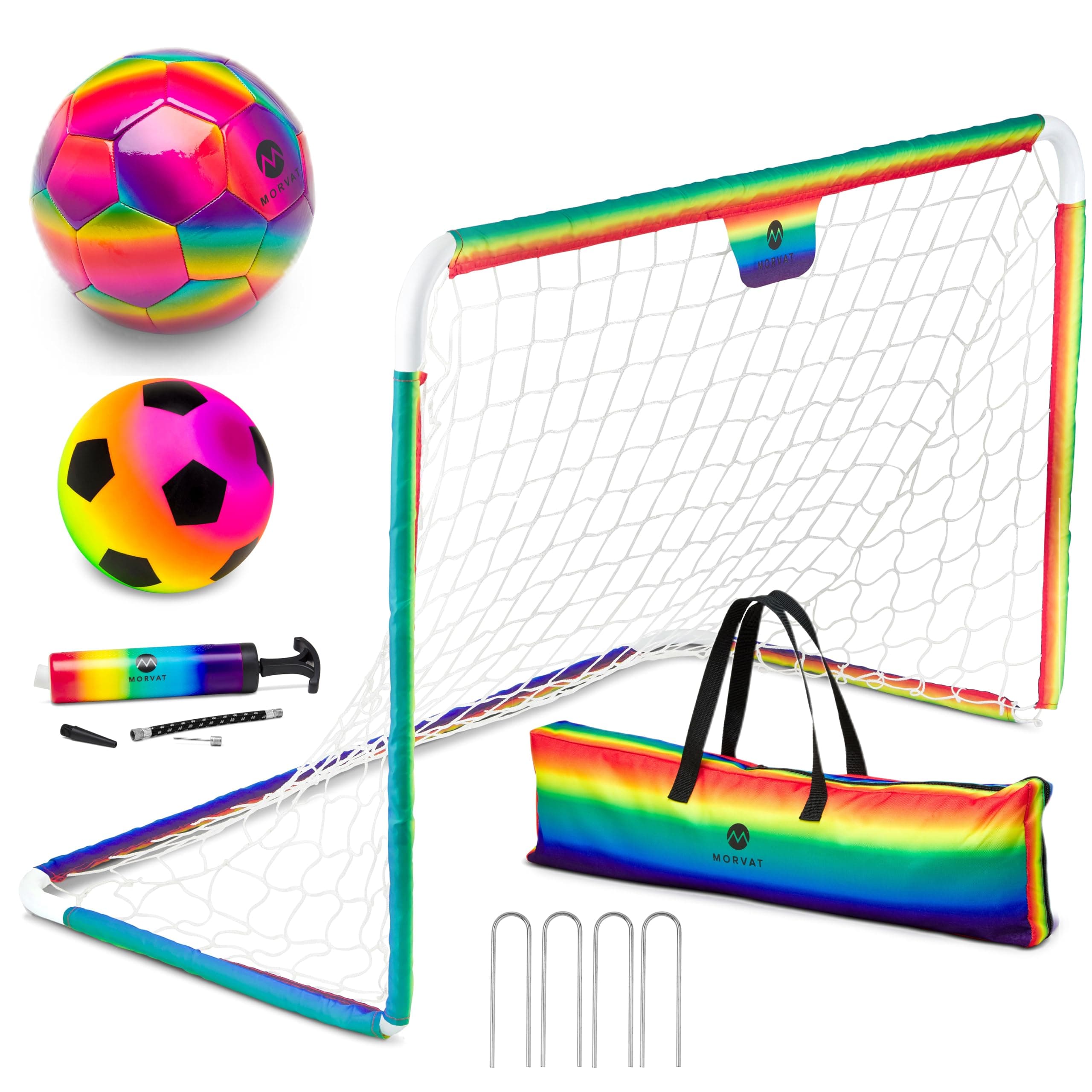 Morvat Kids Metal Poles Soccer Goal Set Portable Lightweight Training Equipment Backyard & Indoors Premium 48”x30” Net + 2 Size Soccer Balls + Ball Pump + Storage Bag, Rainbow