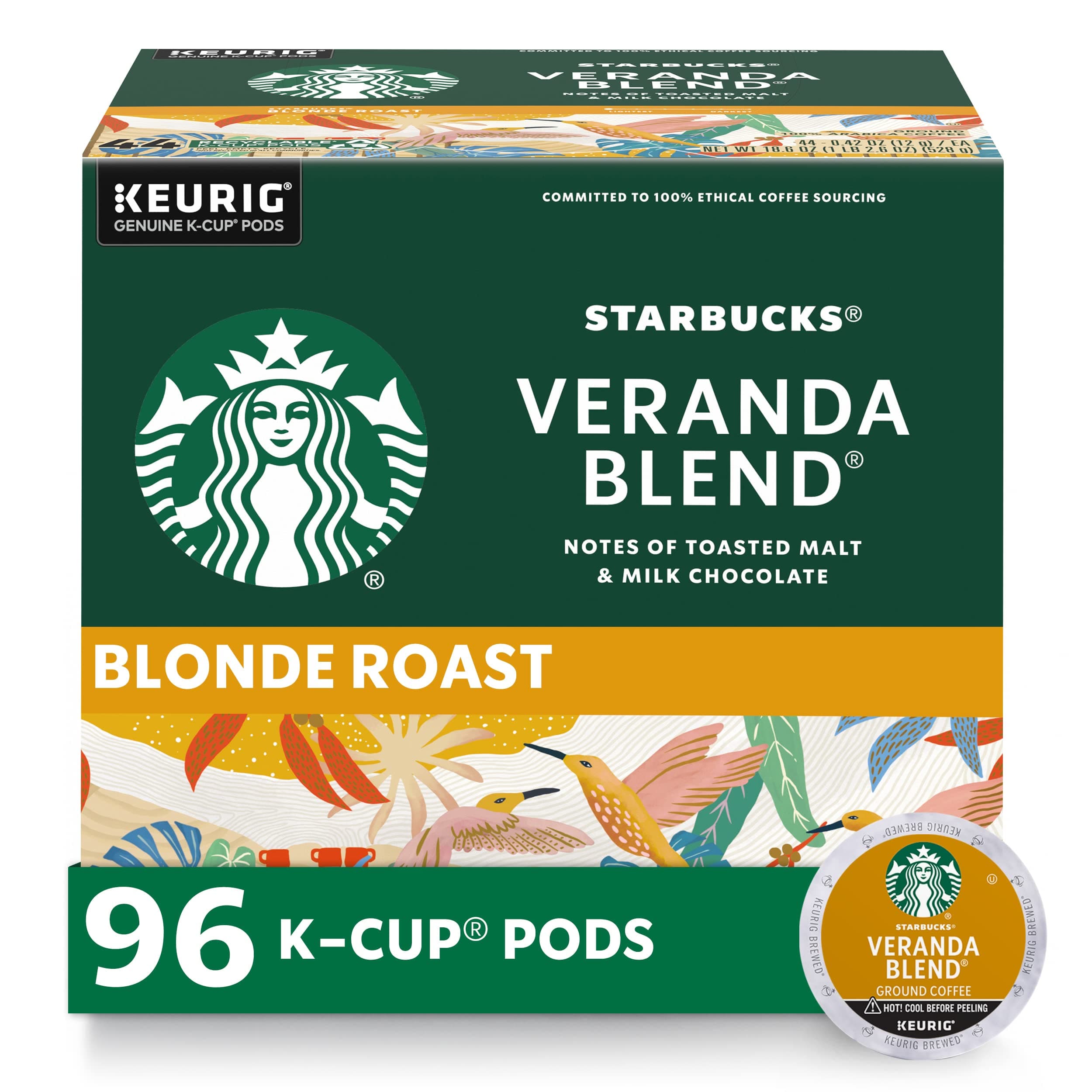 K-Cup Coffee Pods, Starbucks Blonde Roast Hot or Iced Coffee, Veranda Blend, 96 Keurig Pods