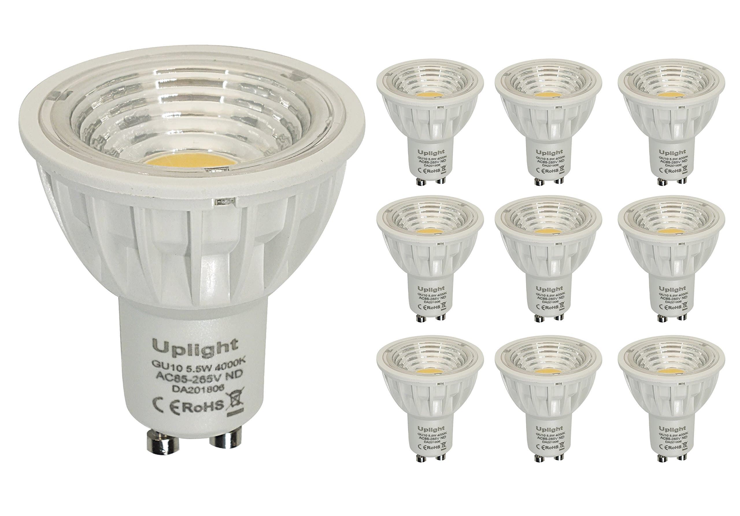 5.5W Gu10 LED Bulb,Equivalent 50W-60W Halogen Bulbs Not Dimmable RA90,550LM 4000K Natural White,Recessed Lighting, Spotlight AC85-265V,90 Degree Beam Angle,Pack of 10 Units.