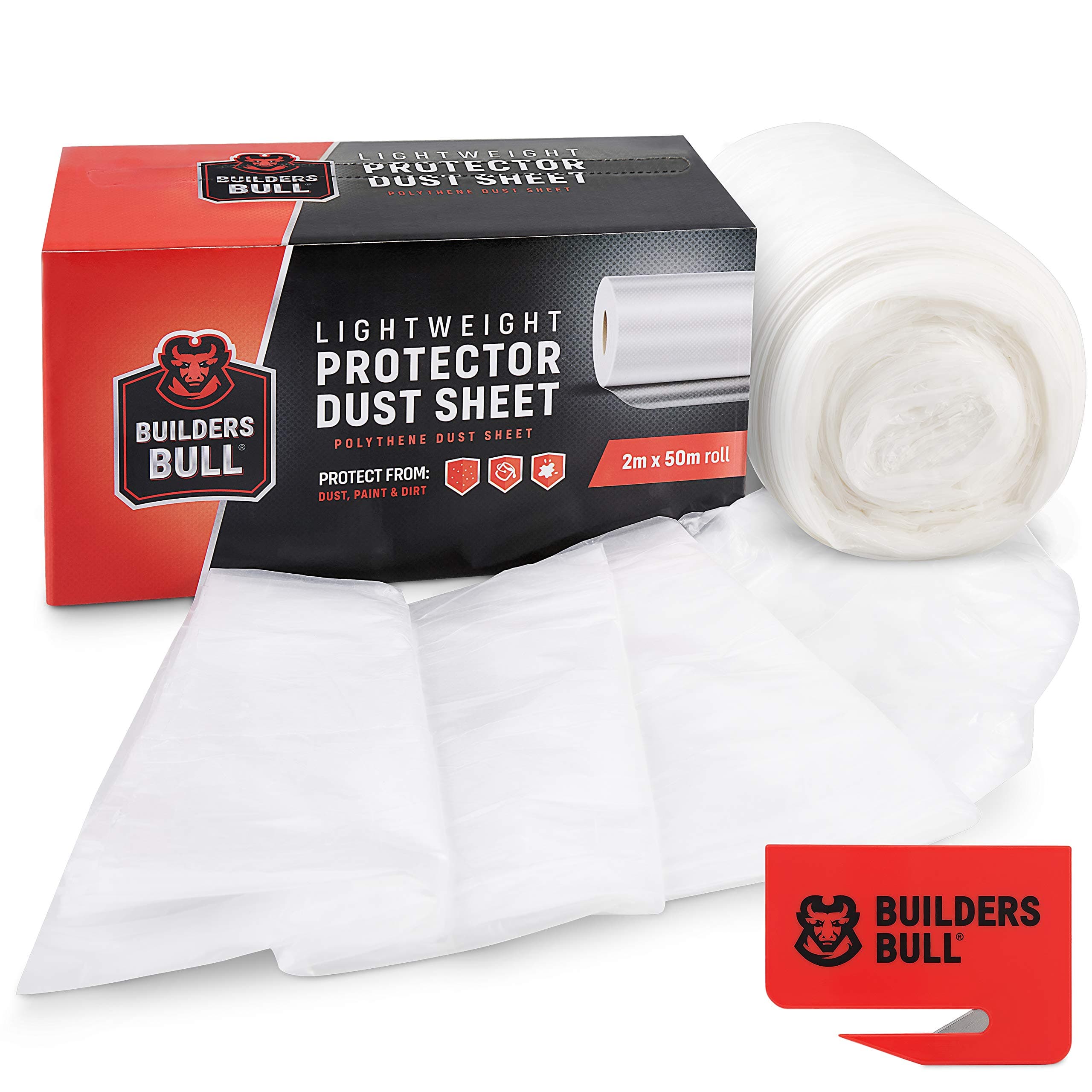 Builders Bull™ Dust Sheets for Painting | 2m x 50m Large Plastic Sheet Roll for Decorating | Lightweight Dust-Proof Plastic Sheeting for Floor Protection | Polythene Sheeting Furniture Cover