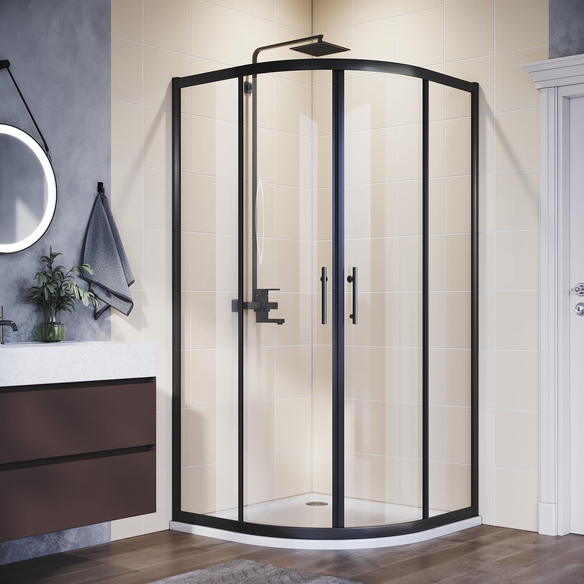 ELEGANT 800 x 800 mm Black Framed Offset Quadrant Shower Enclosure 6mm Tempered Sliding Glass Cubicle Door