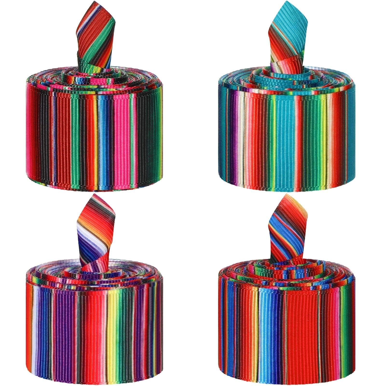 4 Pieces Mexican Serape Ribbon Fiesta Ribbon Rainbow Stripes Liston Mexicano Strip Colorful Grosgrain Band for DIY Gift Wrapping, Fall Crafts Decoration, Party Sewing Supplies(Multi-Color)