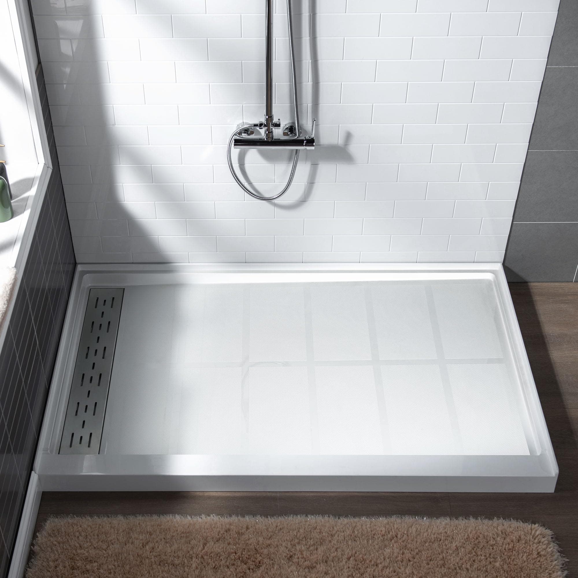 WOODBRIDGE 60"L x 32"W x 4"H Shower Base,Left Drain,Non-Slip Single Threshold Shower Pan, Solid Surface with Brushed Nickel Linear Drain Cover