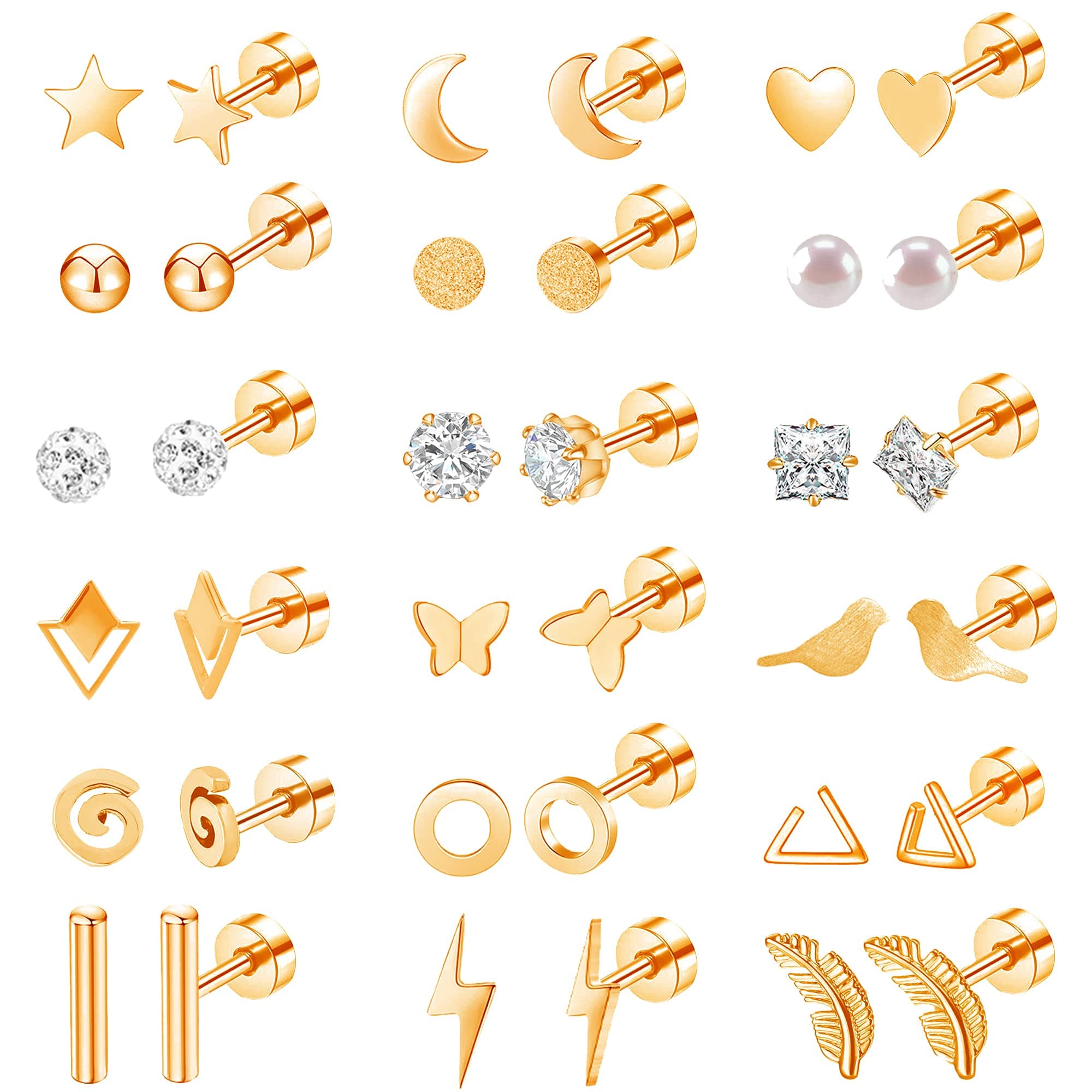 18 Pairs Women‘s Hypoallergenic Flat Back Stud Earrings, 20g Stainless Steel Earrings Sets for Men, Tiny Unisex Screw Back Cartilage Earrings.