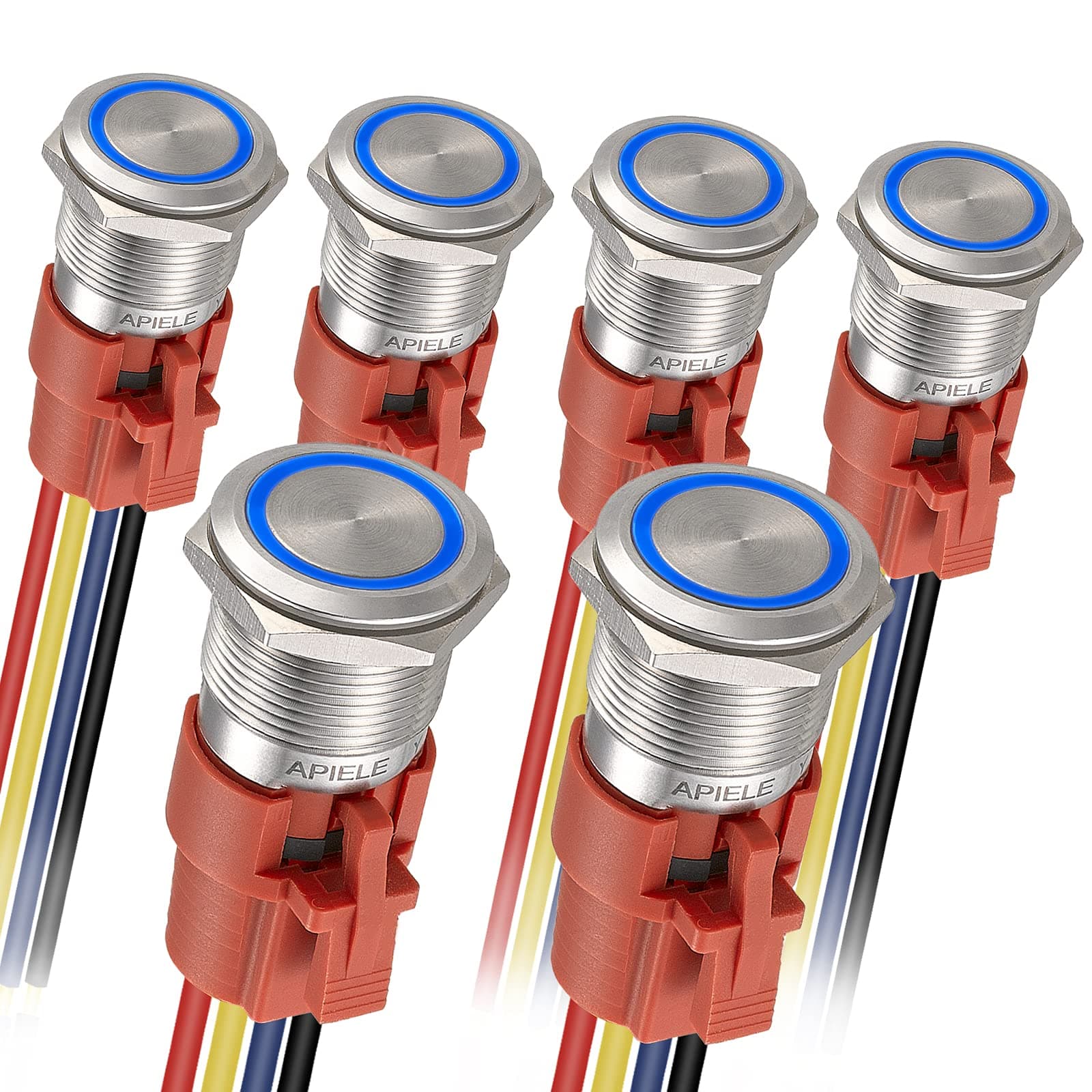 APIELE Latching Push Button Switch 19mm 12V- 24V DC LED SPDT 1NO1NC Stainless Steel Metal Push Button Switch with Pigtail 6PCS (Silver Shell-Blue, 19MM)