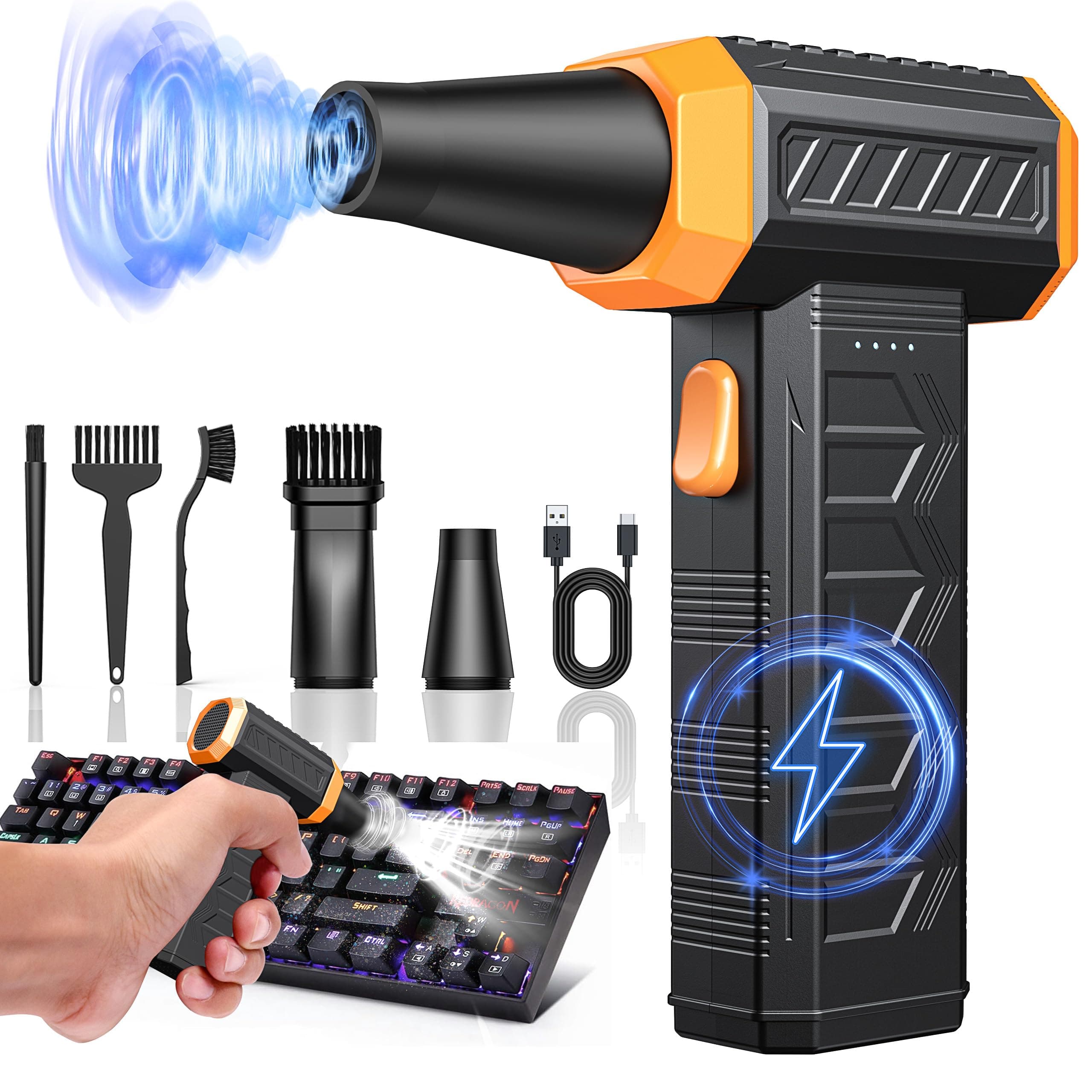 Electric Air Duster, 32,0000 RPM Compressed Air Duster & Blower, 7600mAh Rechargeable, 3-Speed LED Keyboard Cleaner for PC/Computer/Car, No Canned Air - Turbo Fan, Battery Powered