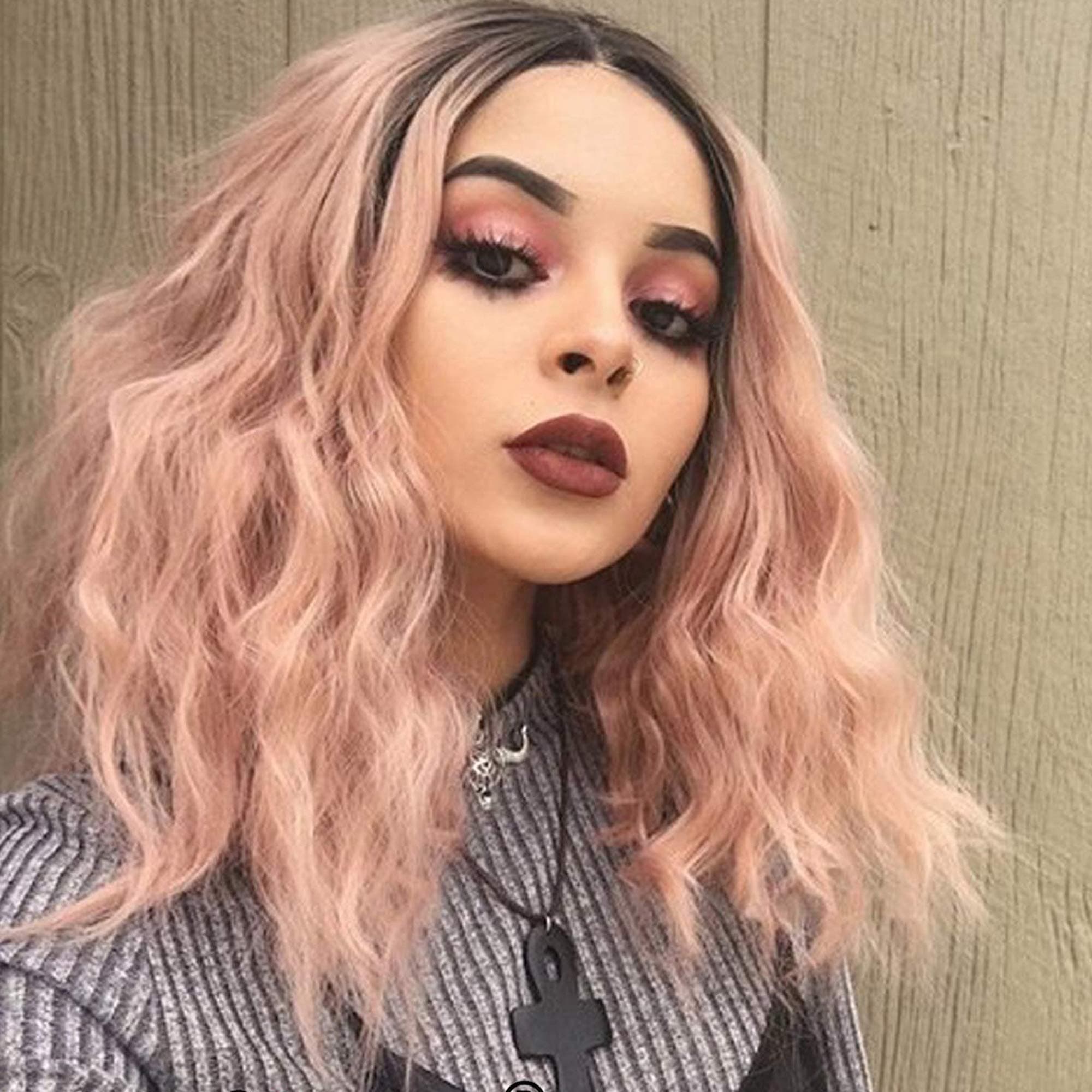 Deewin Short Bob Wavy Lace Front Wigs with Baby Hair for Women Ombre Dark Roots Ombre Pink Glueless Synthetic Hair Wig Heat Resistant Free Parting