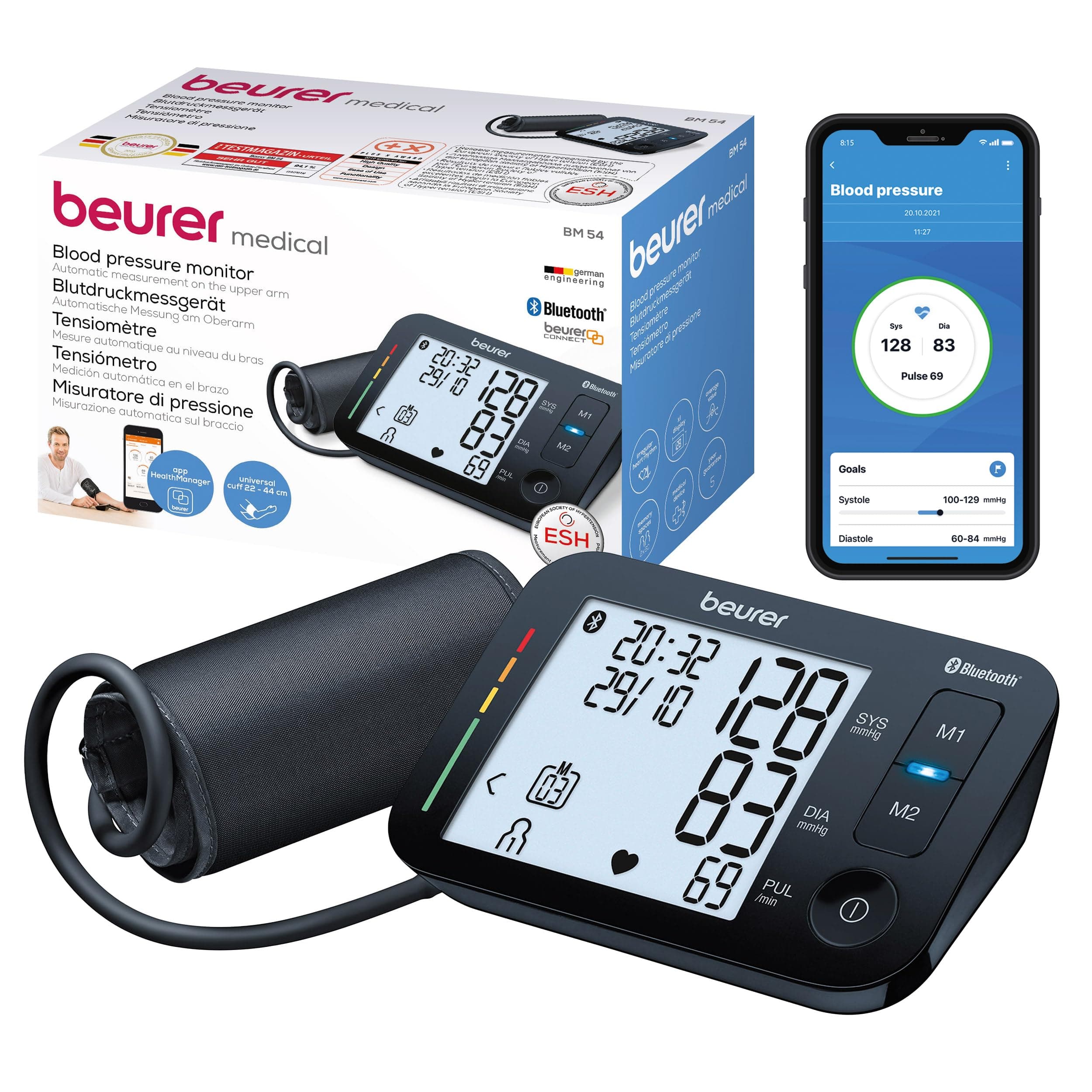Beurer Bm 54 Fully Automatic Upper Arm Blood Pressure Monitor With Universal Cuff Up To 44 Cm,Risk Indicator,Xl Display,Pulse Measurement,Bluetooth (Bm54),Black (Pack Of 1) (655.12)