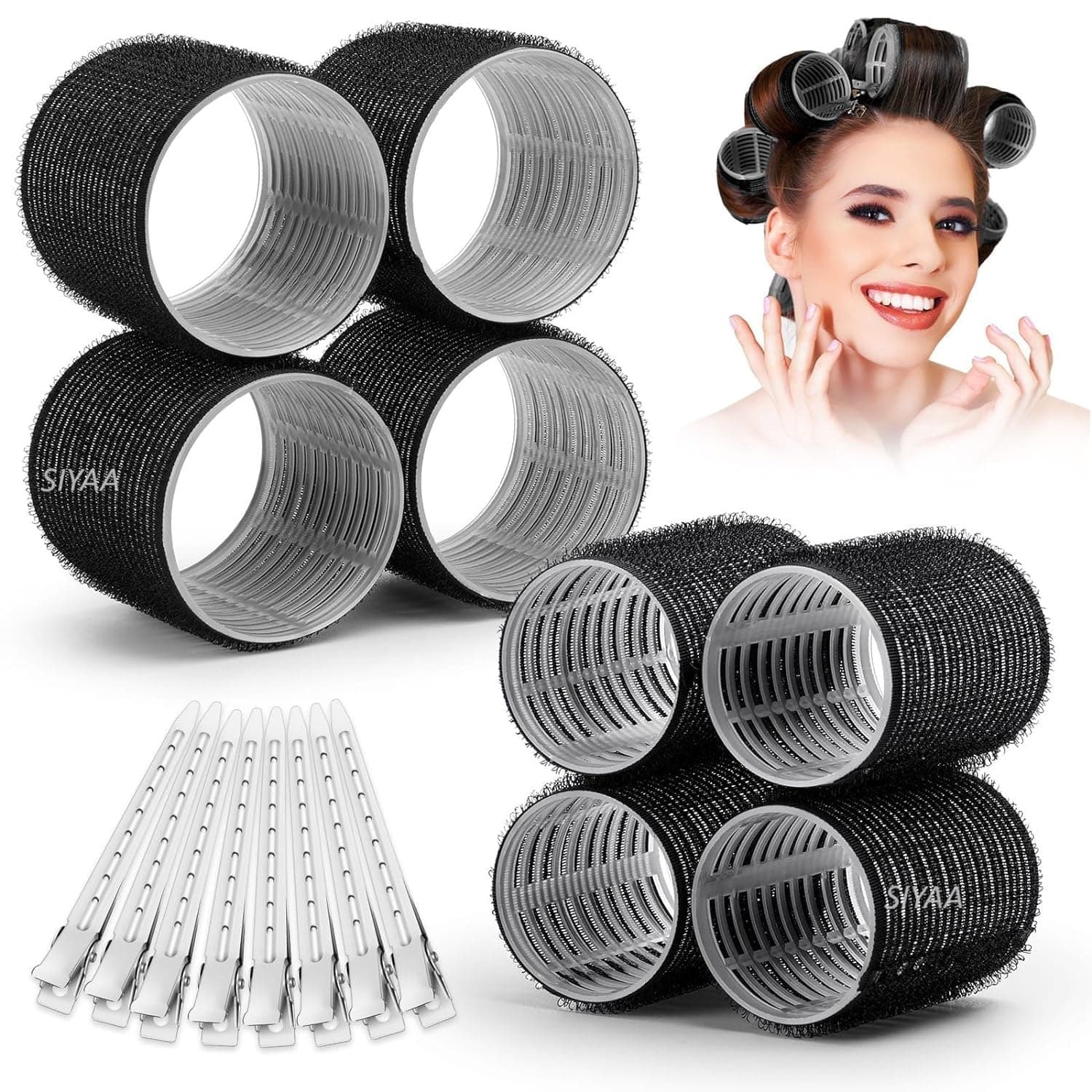 Self Grip Hair Rollers Curlers 20 Pcs Set with 8Pcs Heatless Hair Rollers 2 Sizes (4 Jumbo & 4 Large) and 12 Pcs Hair Clips for Long Medium Short Thick Fine Thin Hair Volume