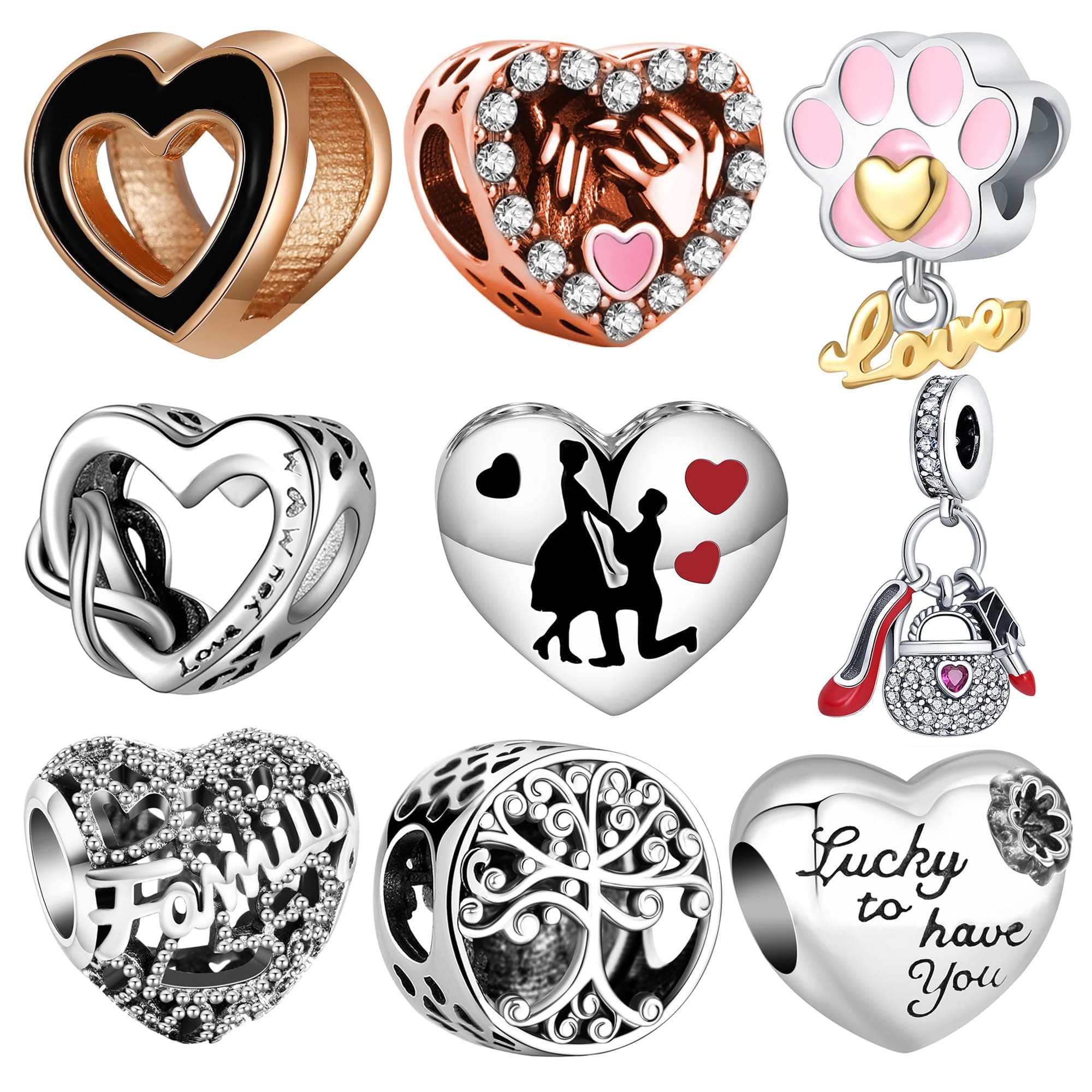 9 Pack Plated Silver Spacer Beads Charms fit Bracelet Dangle Set