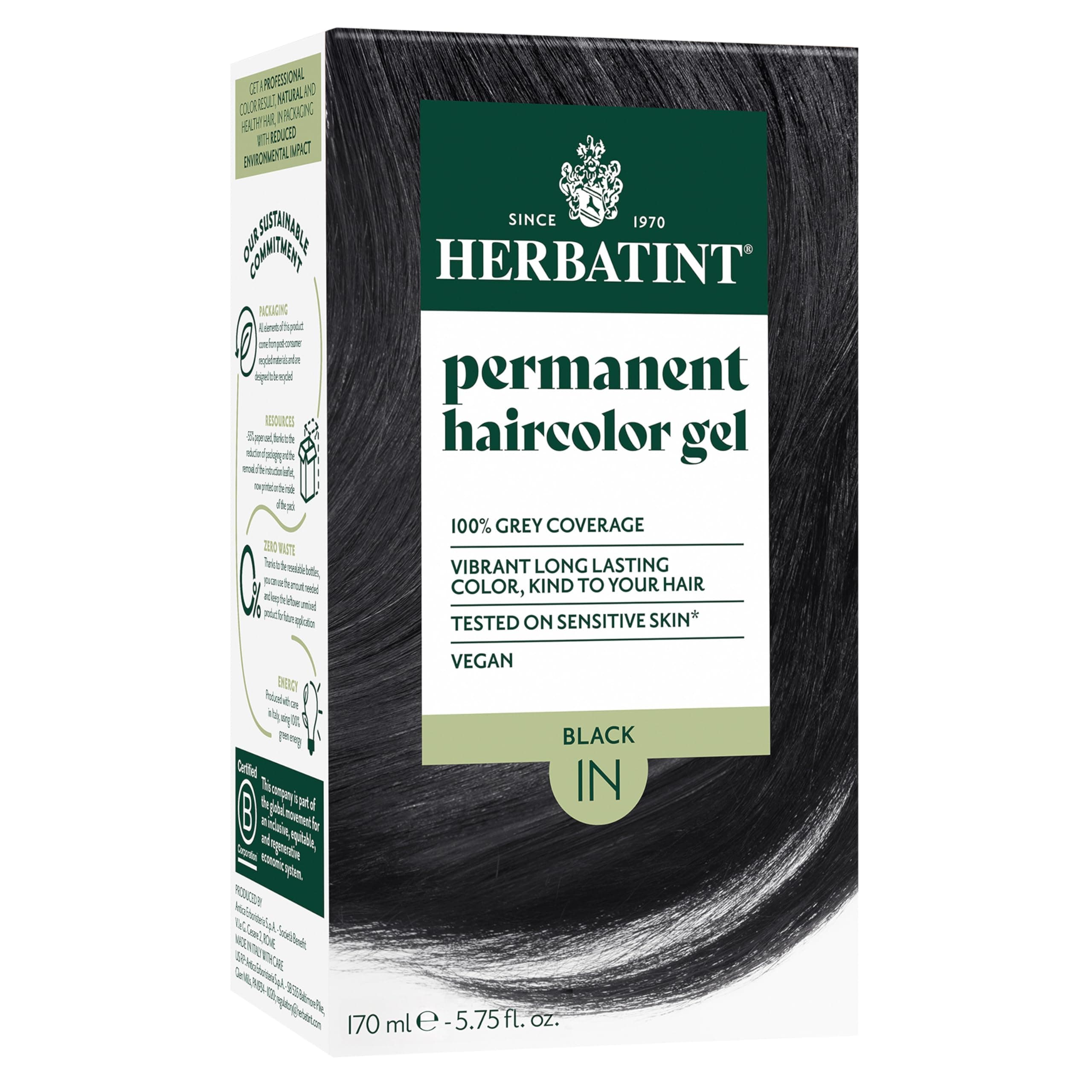 Herbatint Permanent Haircolor Gel, 1N Black, Alcohol Free, Vegan, 100% Grey Coverage - 4.56 oz