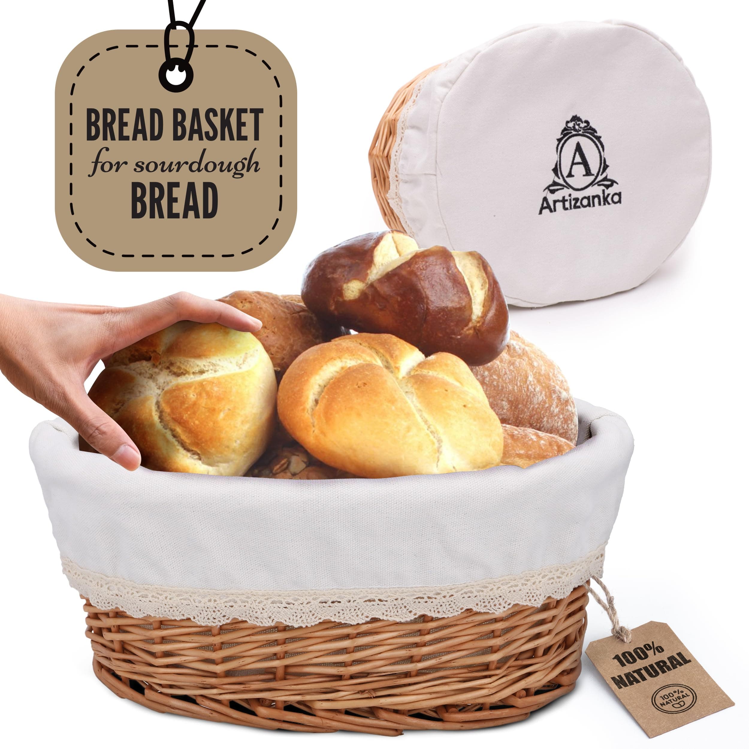 Large Wicker Bread Basket with Removable Linen Liner and Cover - Handmade Rattan Bread Serving & Storage Basket 12"x9" Keeps Bread Warm & Fresh - Perfect Housewarming Gift