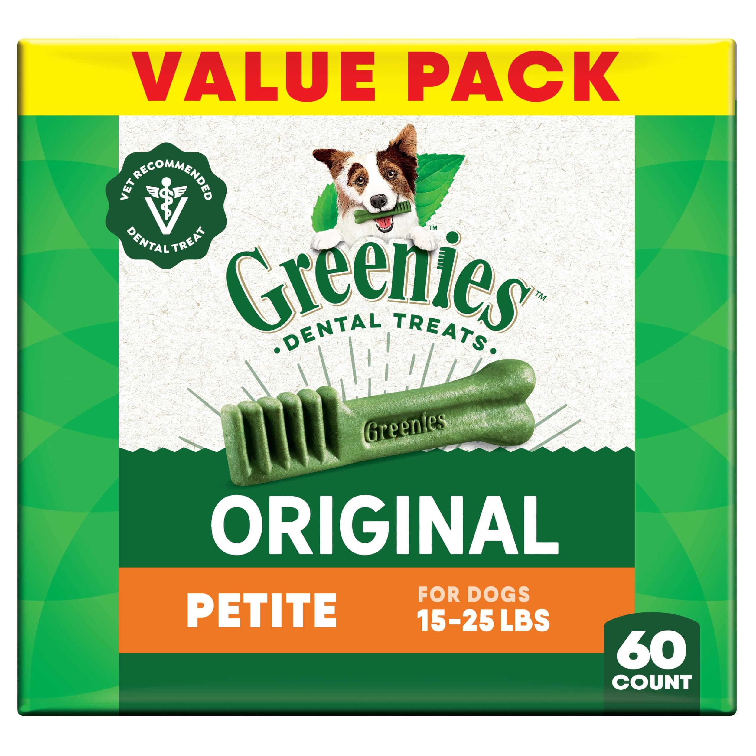 - Greenies Veterinarian-Recommended Adult Natural Dental Dog Treats Petite Size, Dog Dental Chews, Original Flavor, 36 oz. Pack, 60 Count