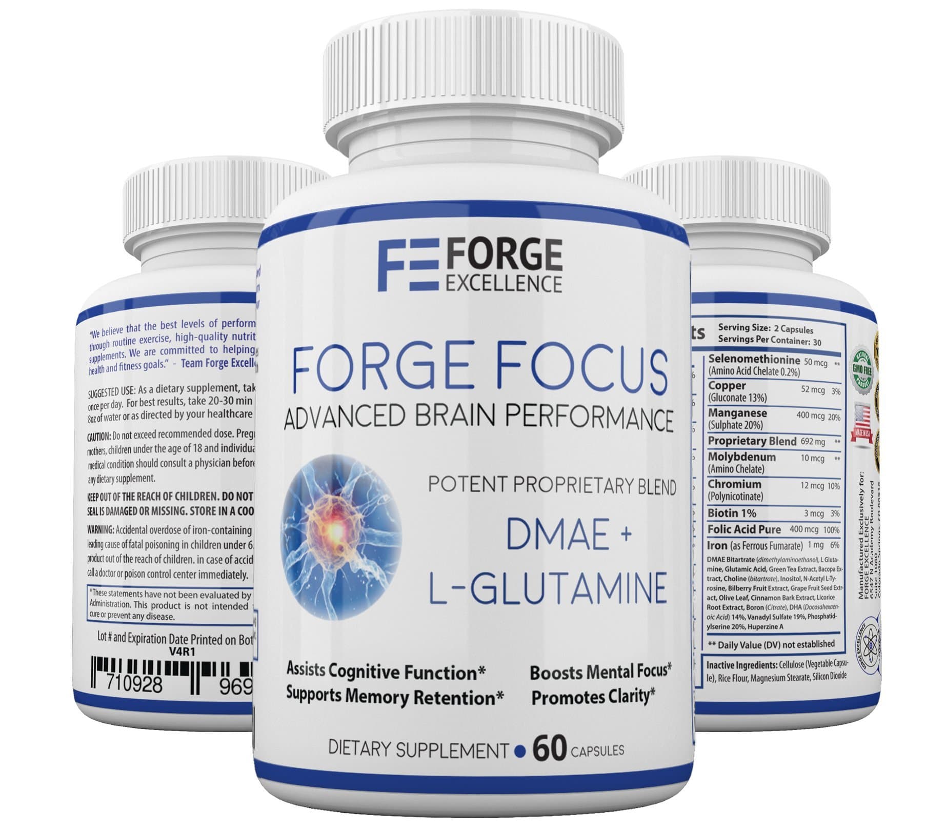 Forge Focus Advanced Brain Performance Supplement - Potent DMAE + L-Glutamine Dietary Supplement - Multivitamin & Mineral Rich Formula - Boosts Cognitive Function & Clarity - 60 Caps