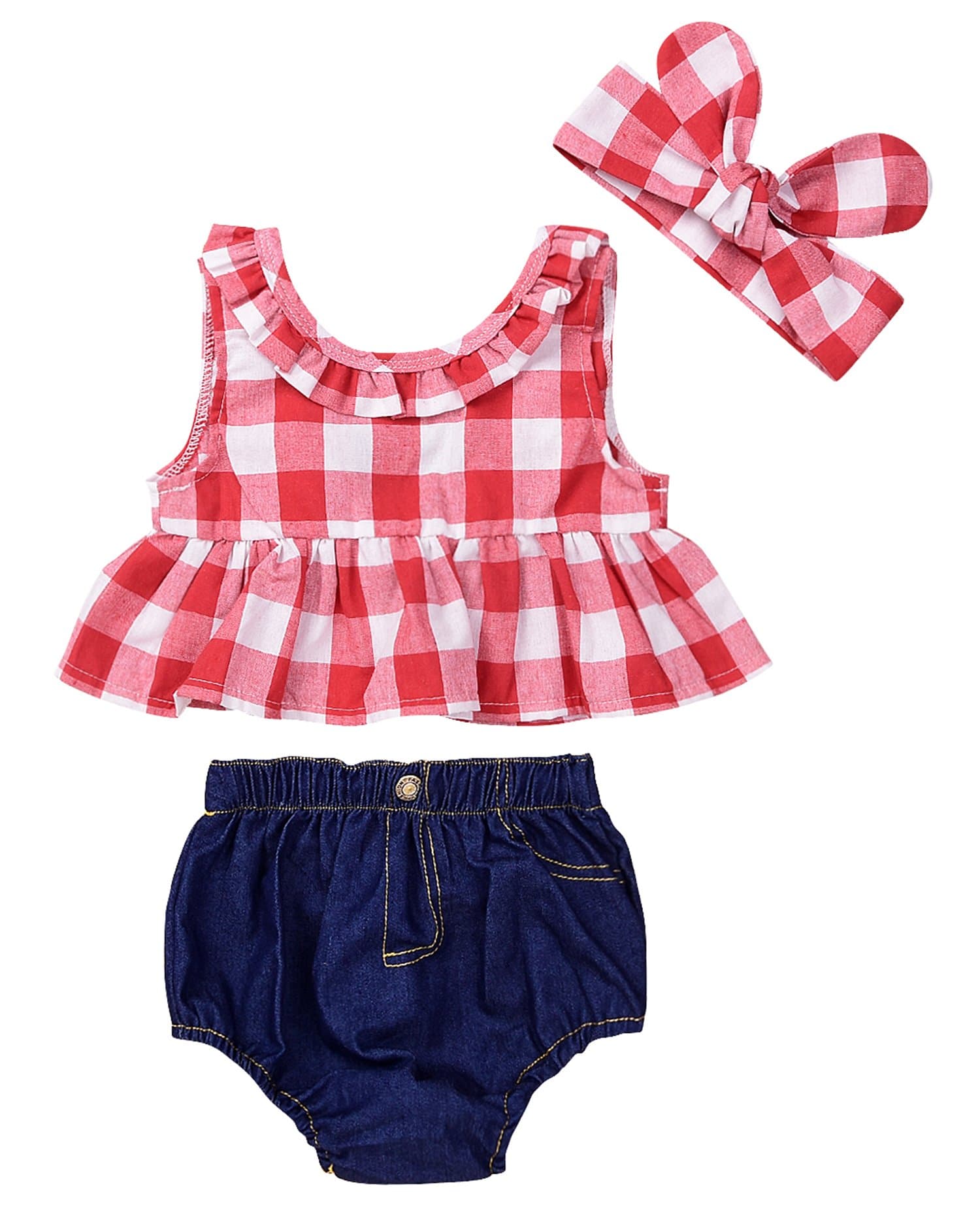 Baby Girls Plaid Ruffle Bowknot Tank Top+Denim Shorts Outfit with Headband