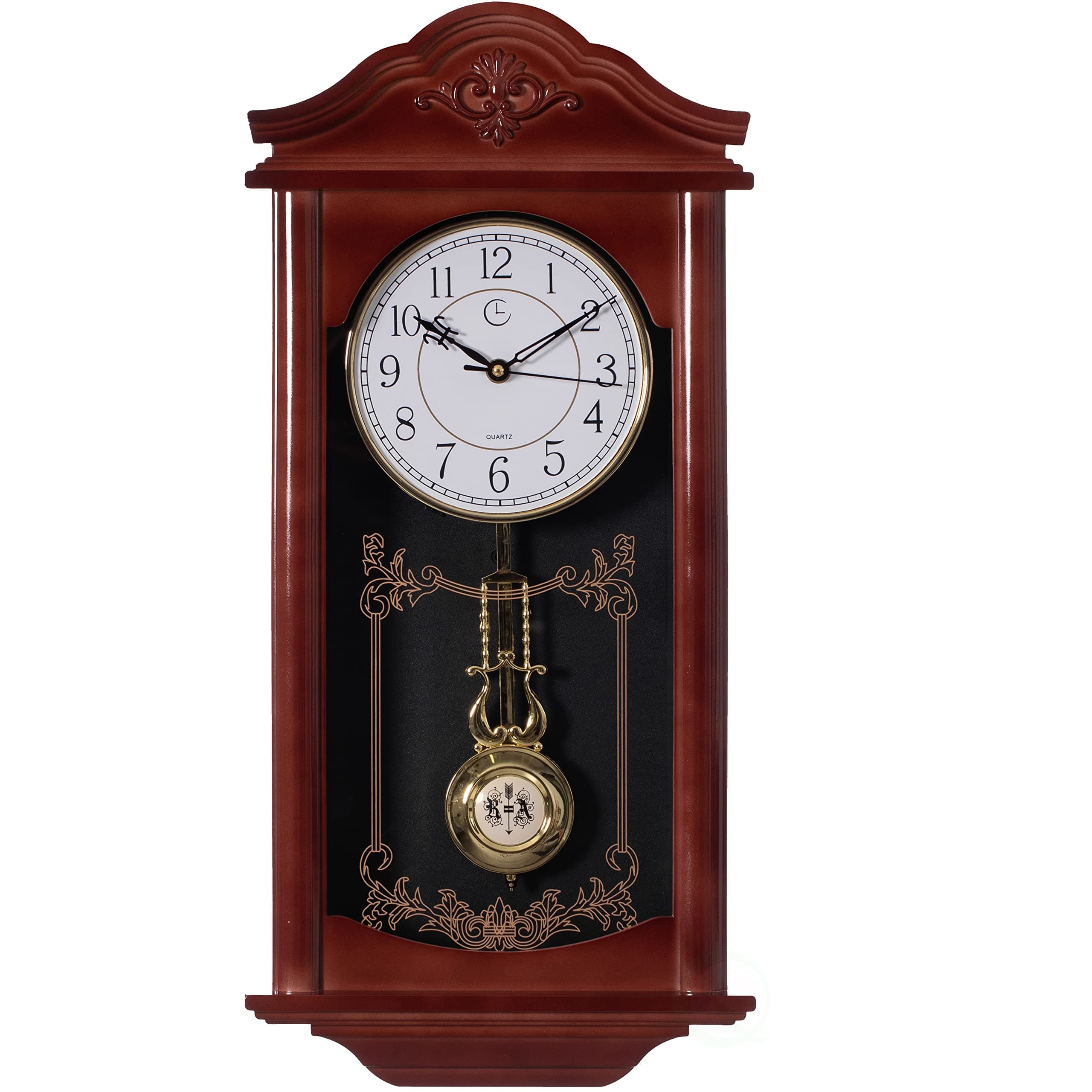 Quickway Imports Vintage Grandfather Wood - Looking Plastic Antique Pendulum Wall Clock for Living Room Decor, Kitchen, Office, Or Dining Room, Silent Wall Mount Battery-Operated, Large Brown