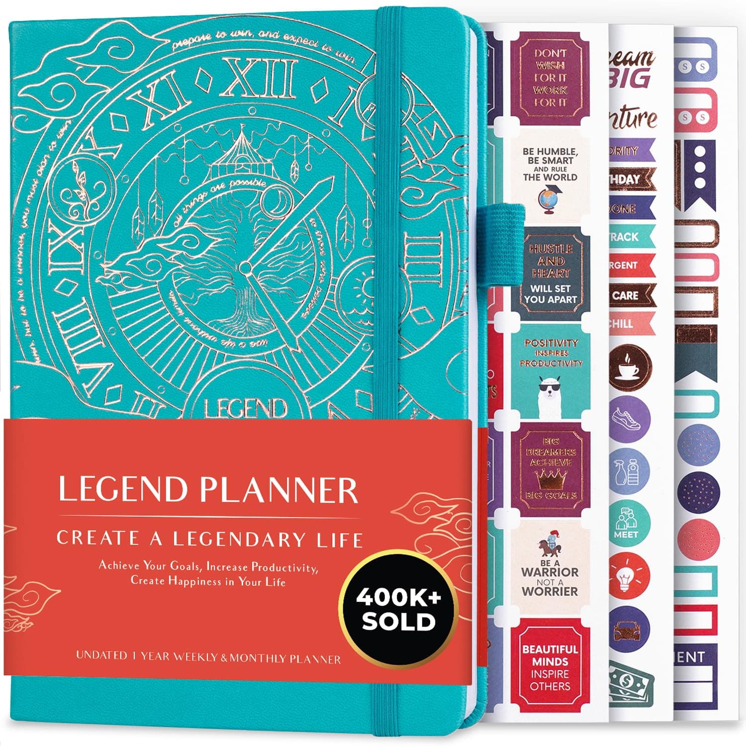Deluxe Weekly & Monthly Life Planner to Hit Your Goals & Live Happier. Organizer Notebook & Productivity Journal. A5 Hardcover, Undated - Start Any Time + Stickers - Turquoise Gold